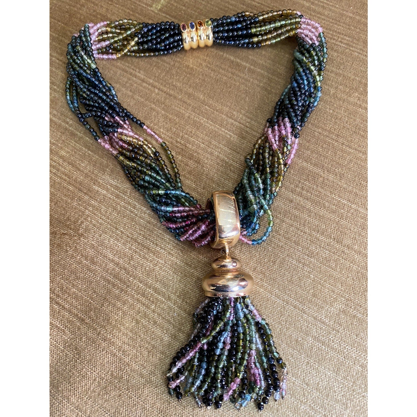 Multi-Strand Tourmaline Bead Necklace Detachable Tassel 18k Yellow Gold