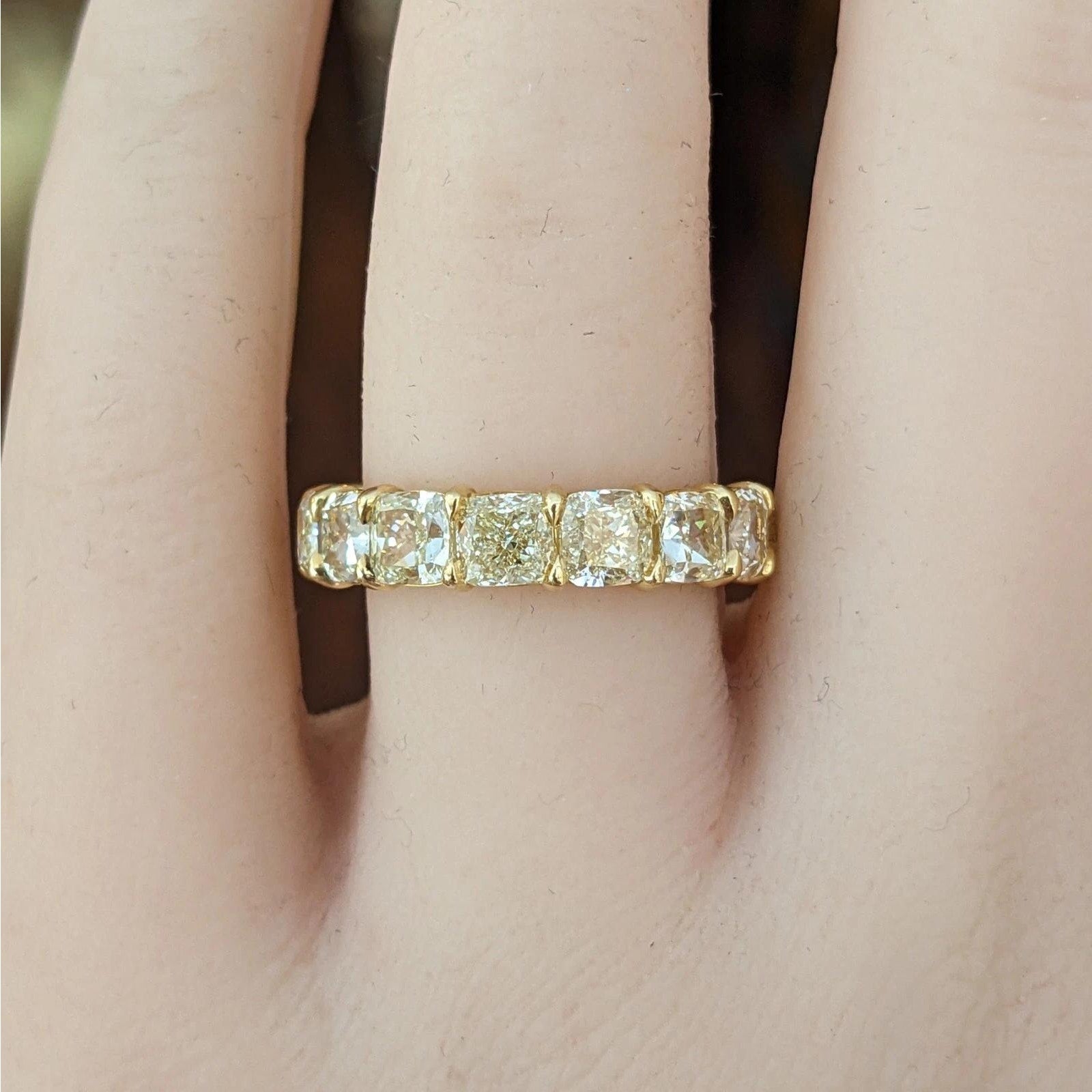 Light Yellow Cushion Diamond Eternity Ring 7.47cts in 18k Yellow Gold