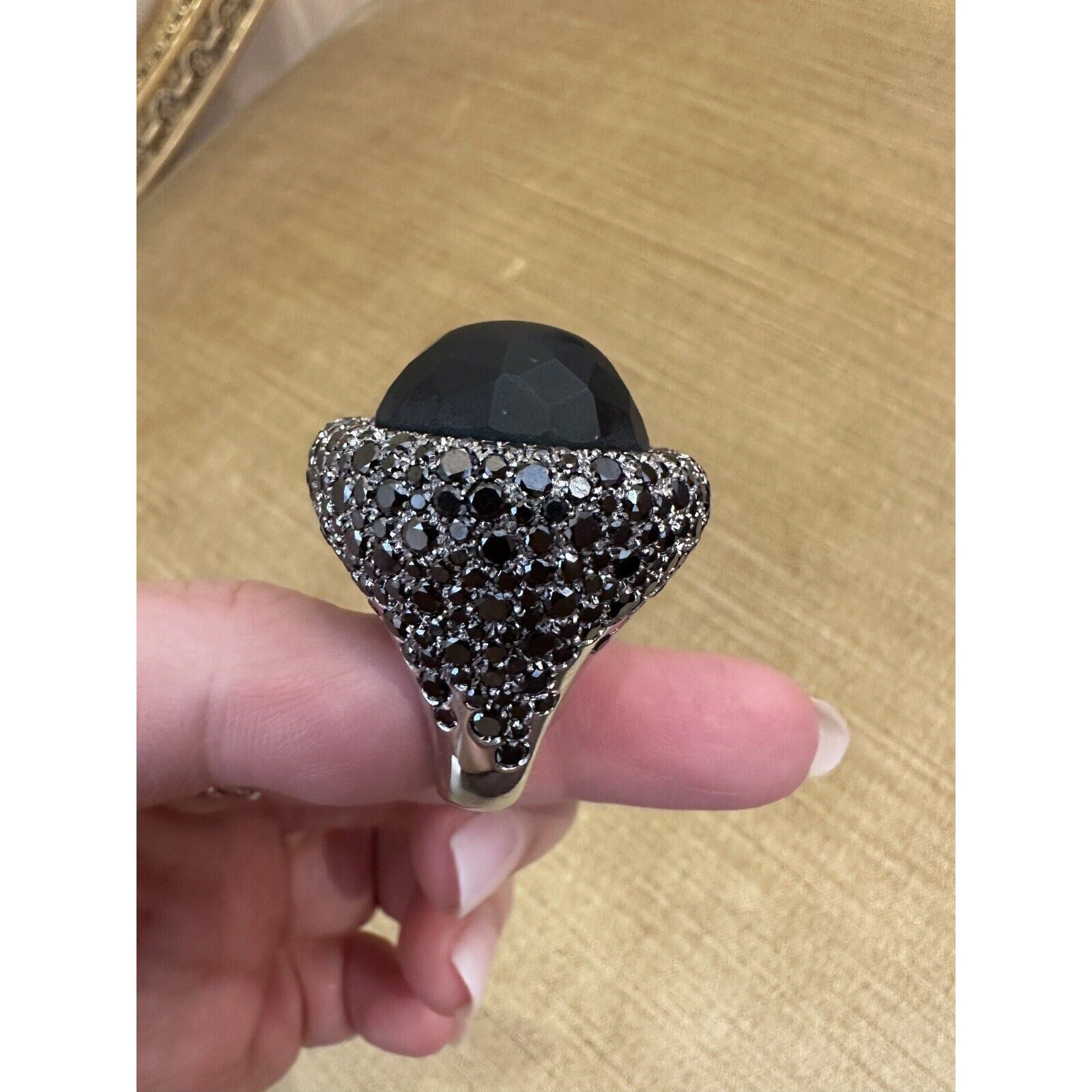 Pave Black Diamond and Obsidian Statement Ring in 18k White Gold-HM1799EE