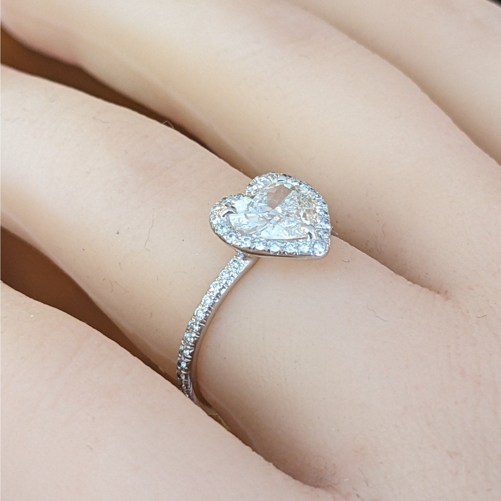 Heart Shaped Diamond Ring in 18k White Gold Halo Setting