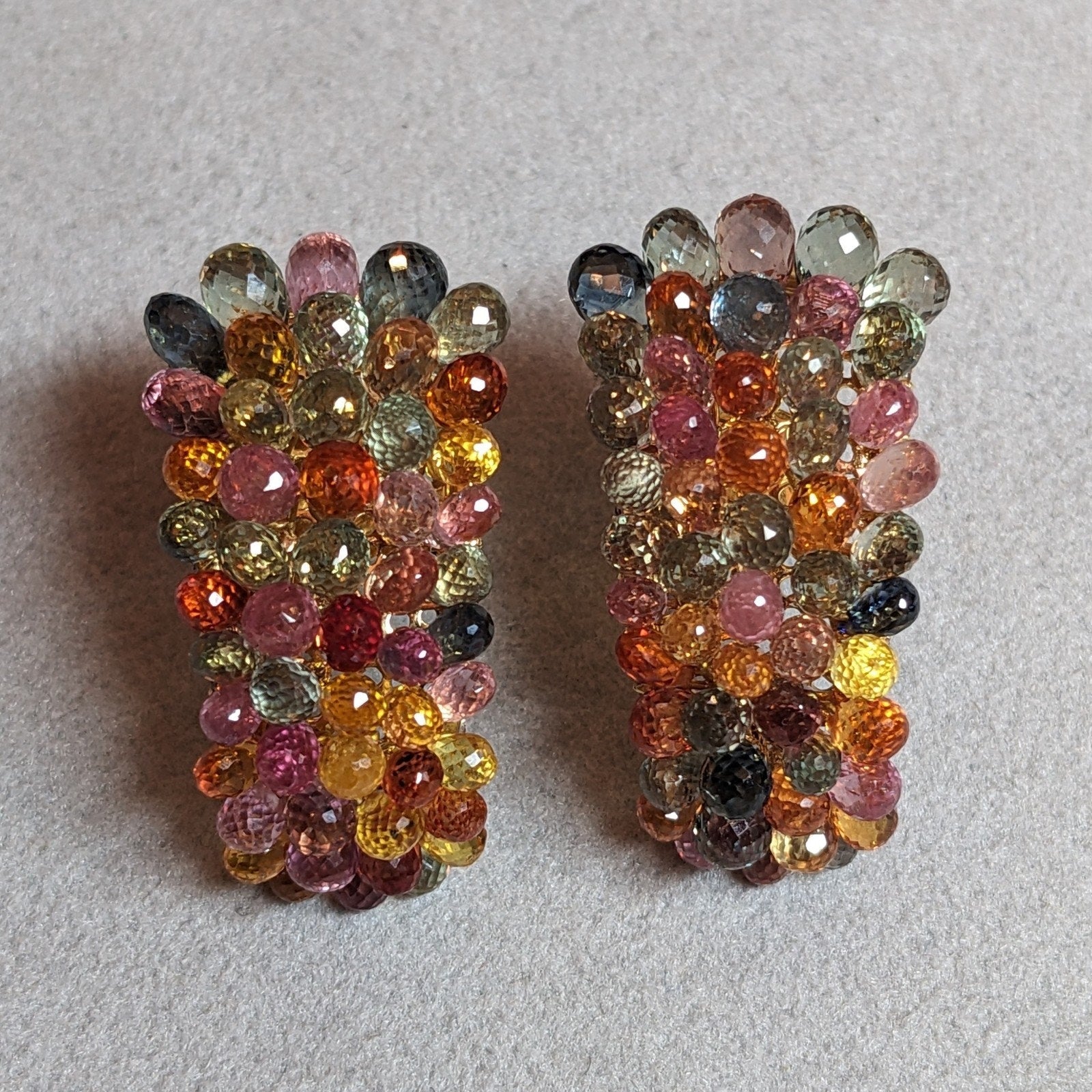 Multicolor Sapphire Briolette and Diamond Earrings in 18k Yellow Gold