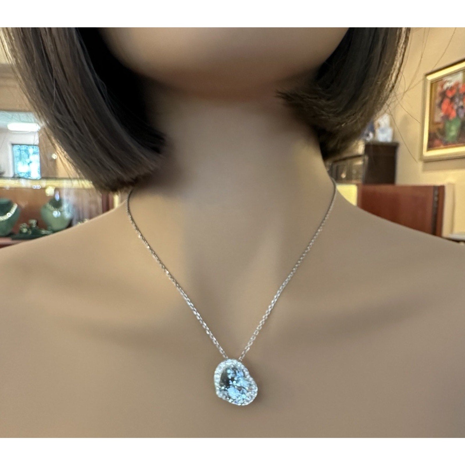 Heart Aquamarine & Diamond Halo Pendant Necklace Platinum & 14k Chain