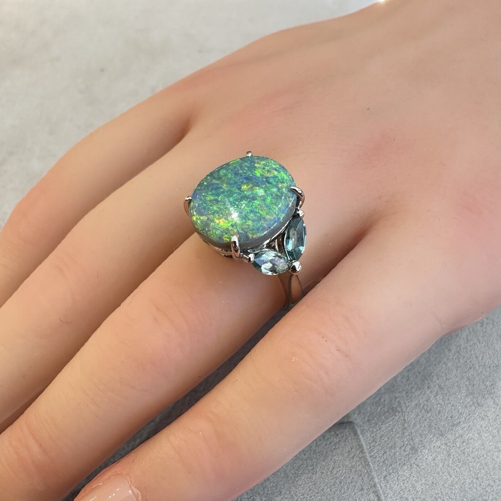 GIA 6.55 ct Black Opal & Aquamarine Ring in Platinum