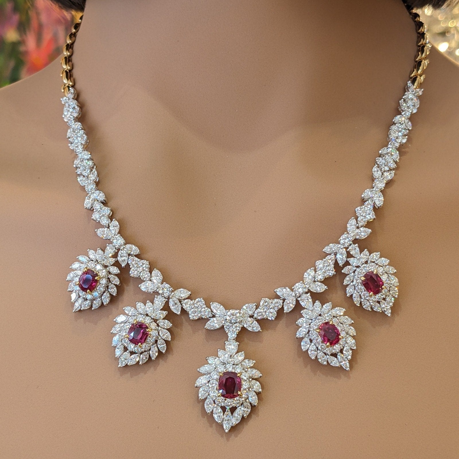 Vintage Drop Ruby and Diamond Necklace in 18k Yellow Gold
