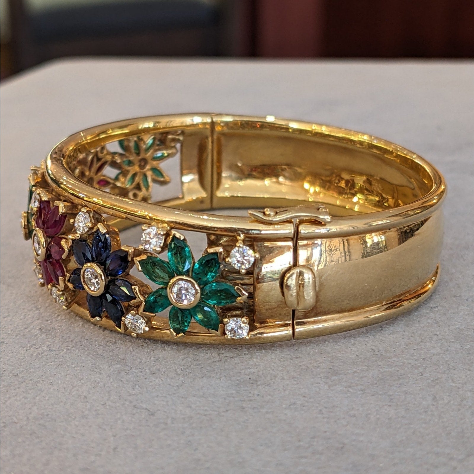 Wide Ruby-Sapphire-Emerald-Diamond Bangle Bracelet in 18k Yellow Gold