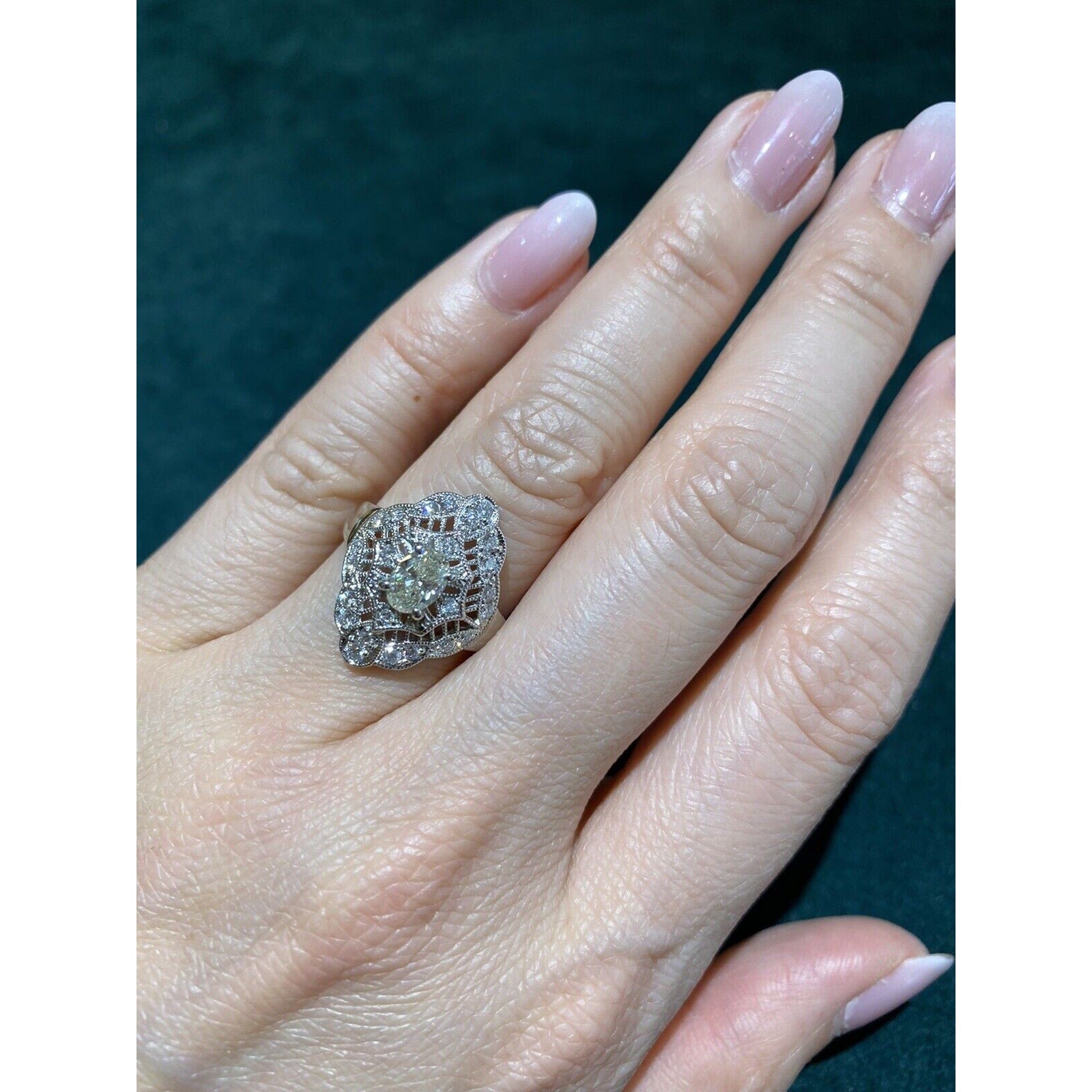 Oval Diamond Navette Shaped Filigree Ring in Platinum