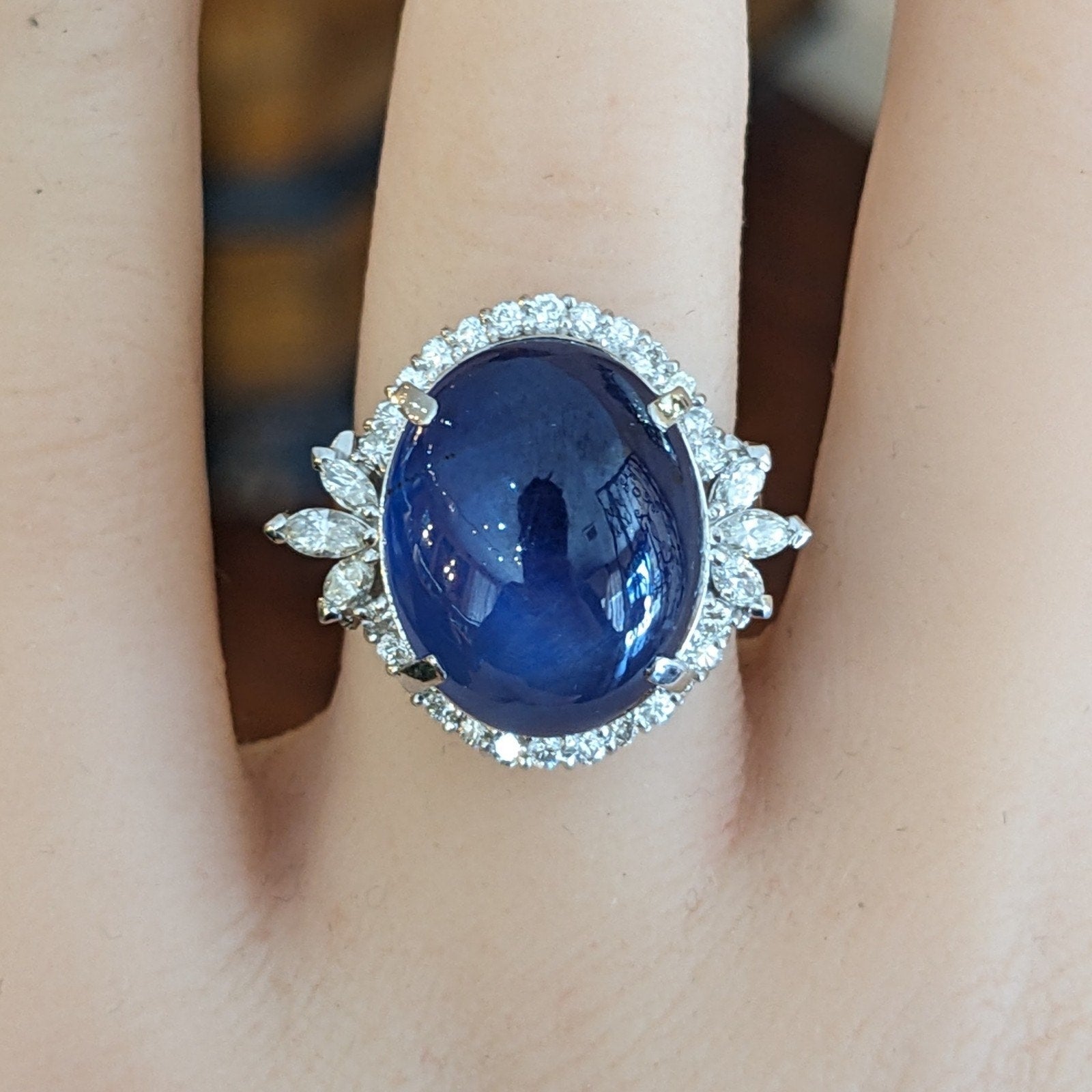 GIA 16.42 ct Natural Star Sapphire and Diamond Ring in Platinum