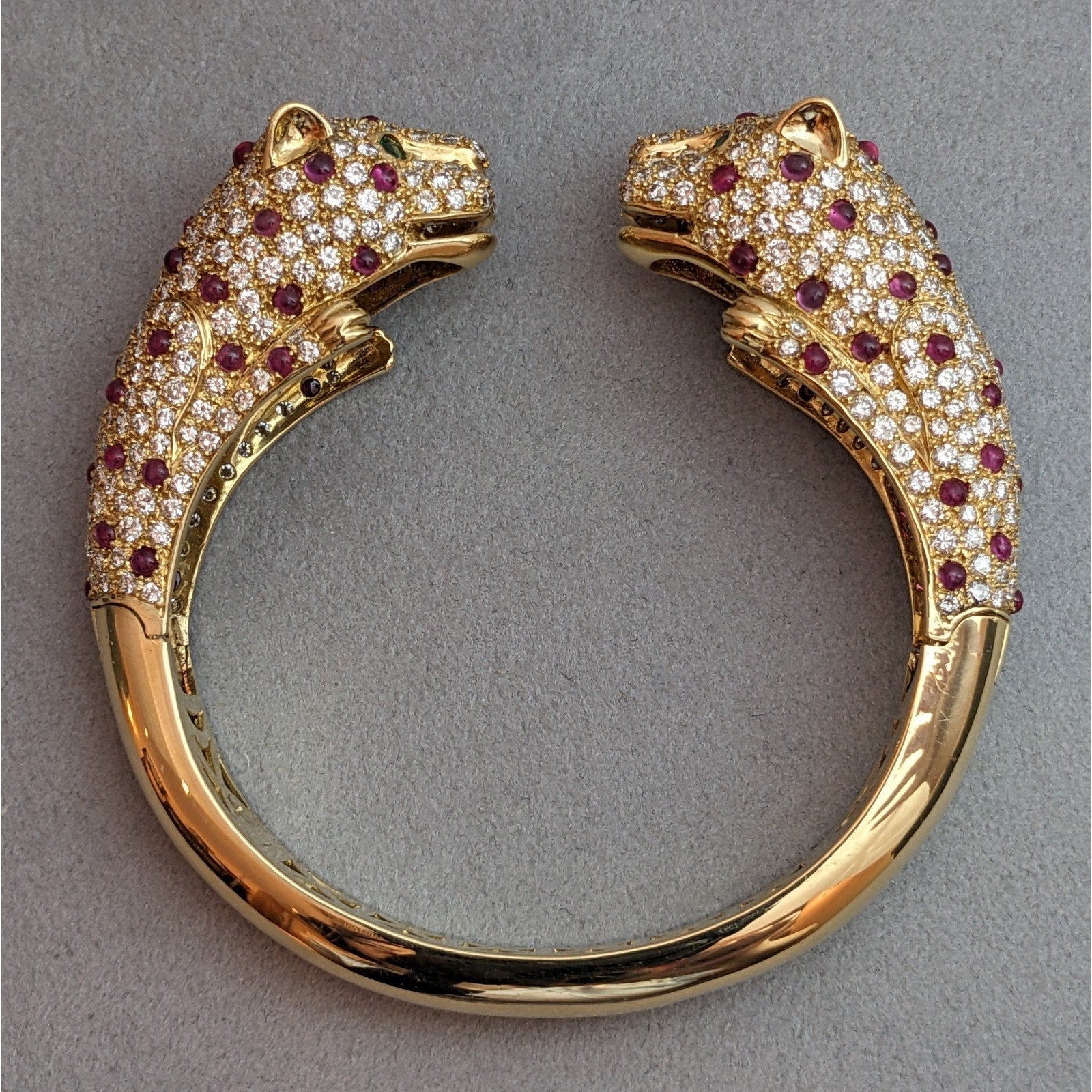 Ruby and Diamond Pave Panther Head Bangle Bracelet in 18k Yellow Gold