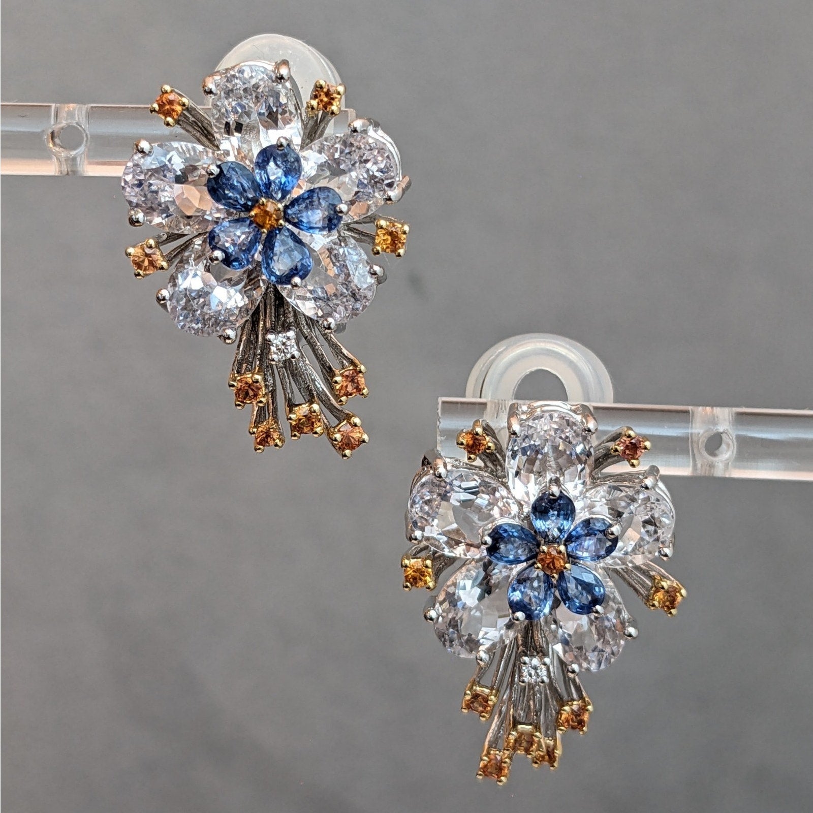Flower Earrings with Sapphires and Gemstones in 18k White Gold