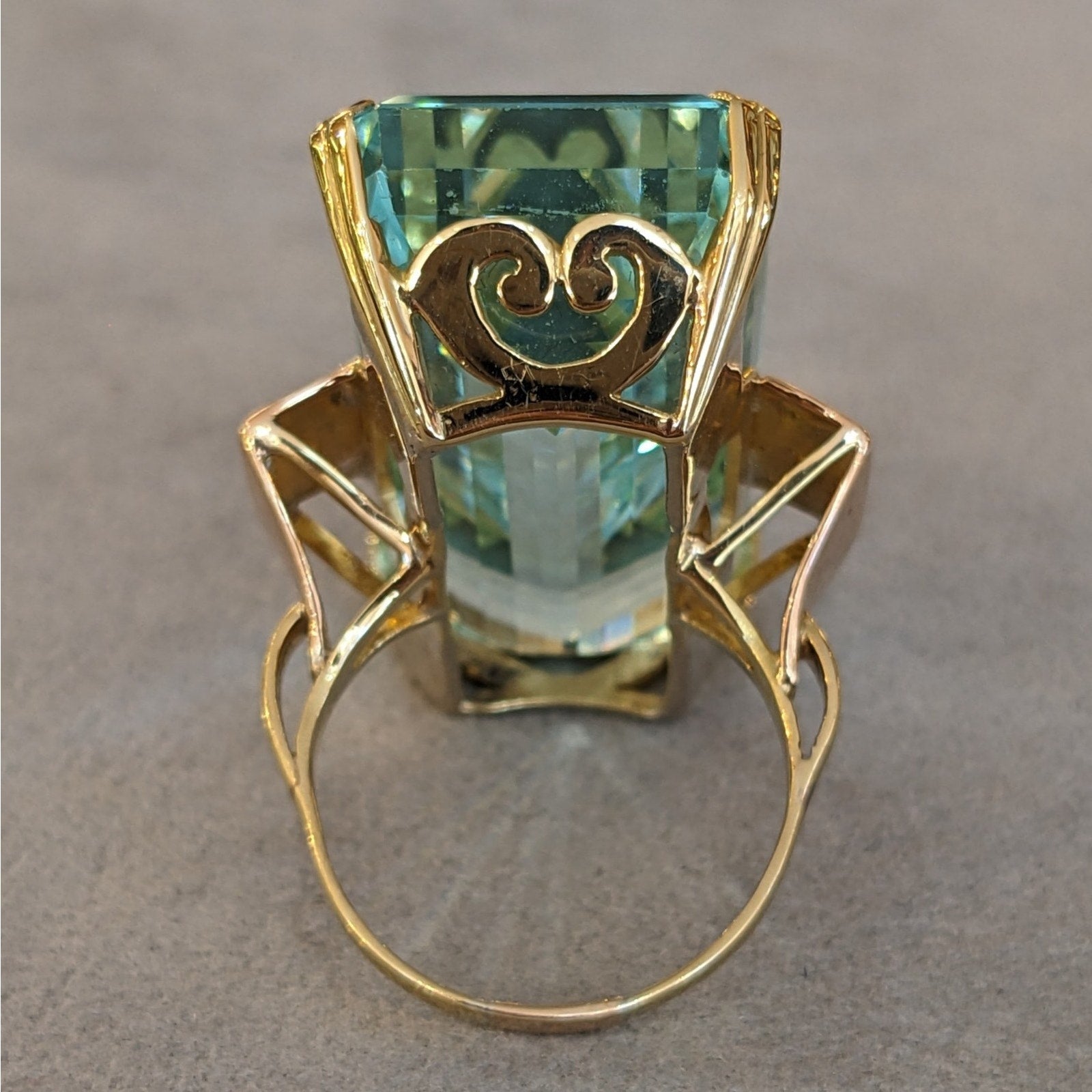 66.92 ct Elongated Aquamarine in Retro ring setting 18k and 14k Gold