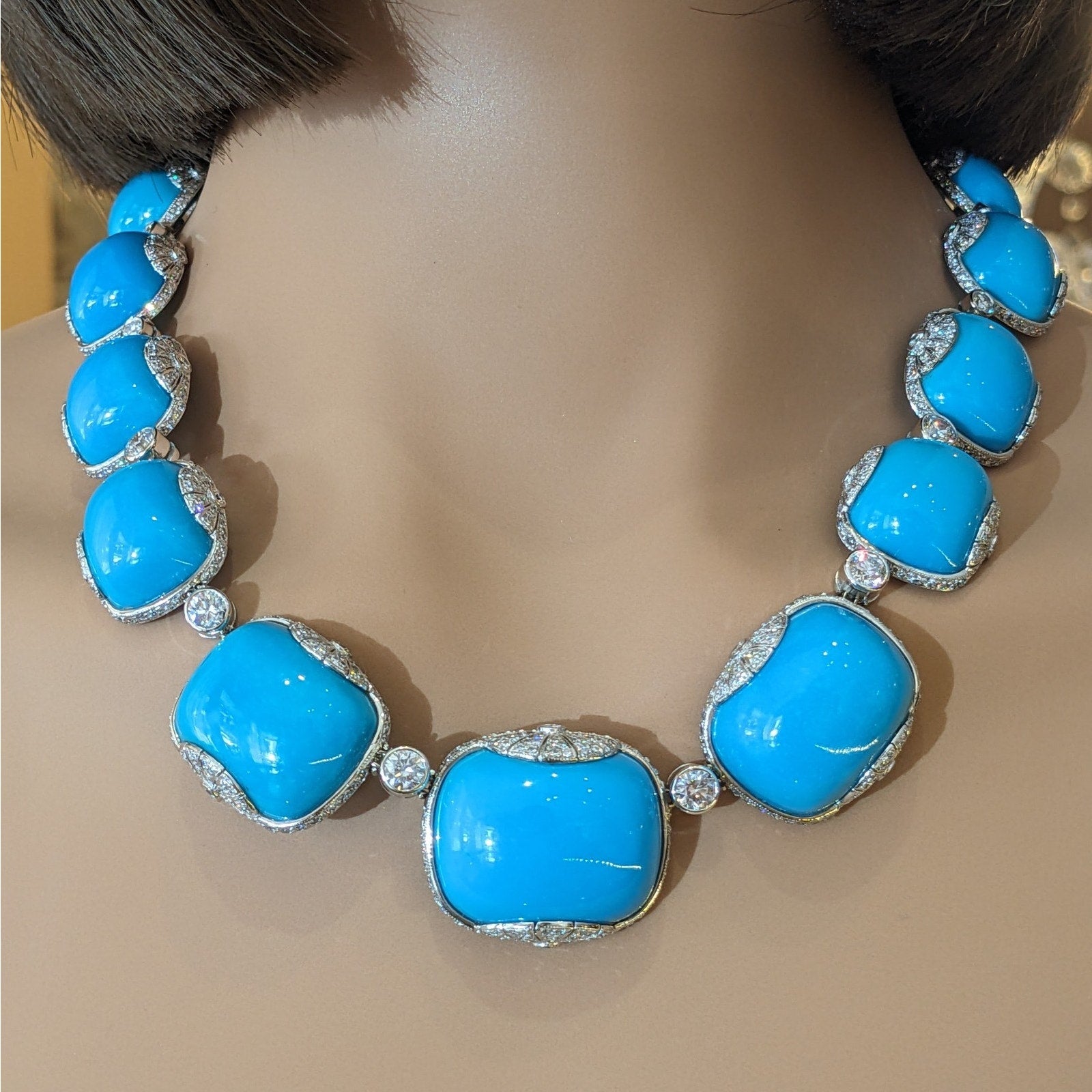 Fred Leighton Nat'l Turquoise and Diamond Necklace in 18k White Gold