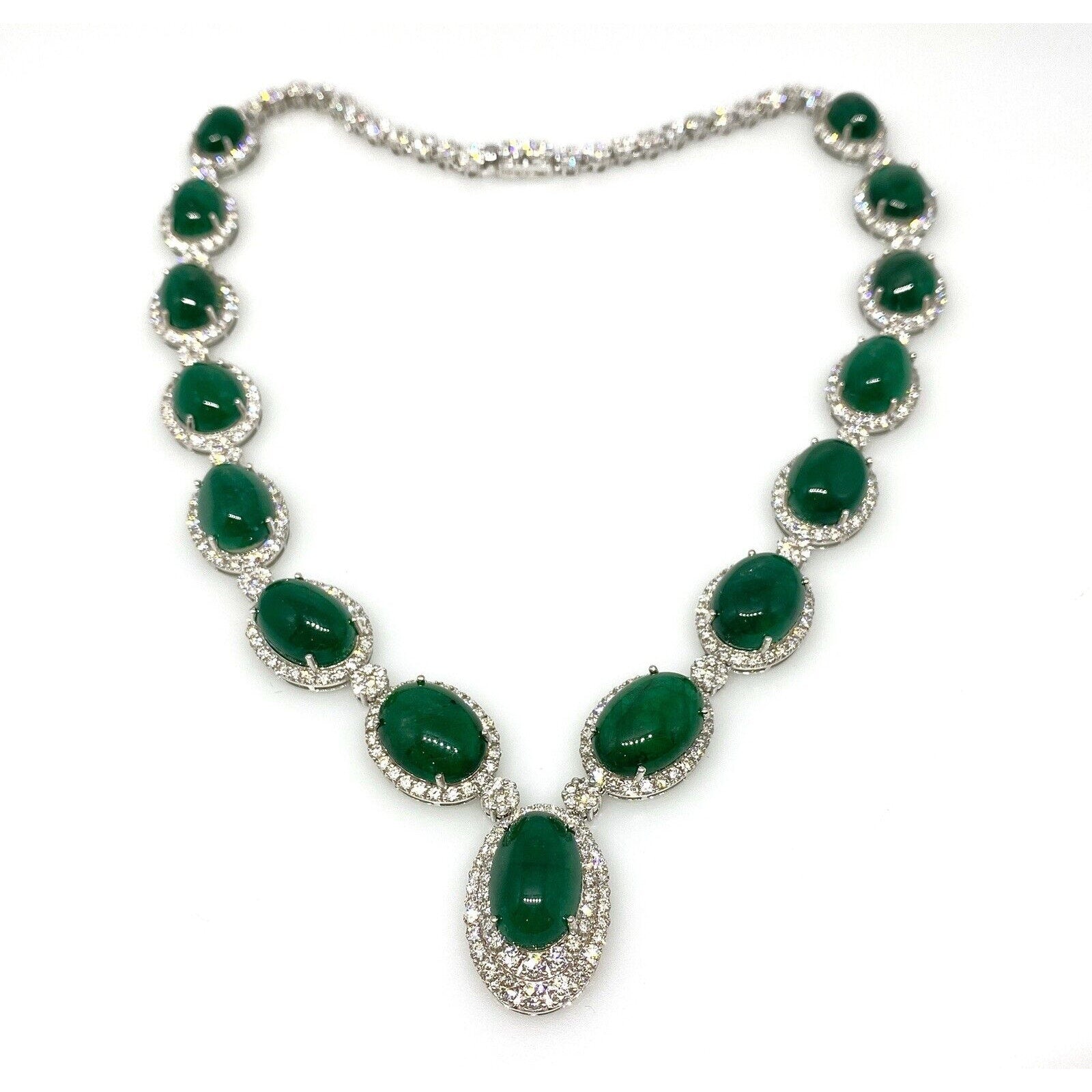GIA Cabochon Emerald and Diamond Necklace in 18k White Gold