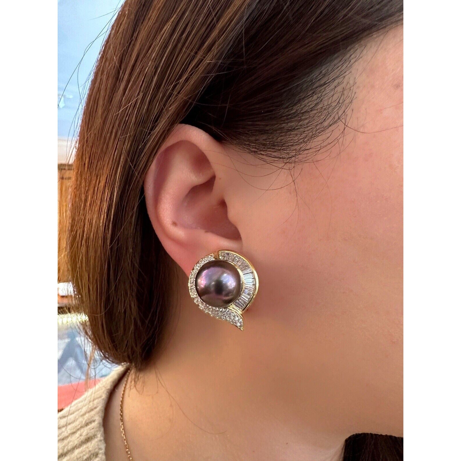Black South Sea Pearl and Diamond Earrings in 18k Yellow Gold-HM2564AN