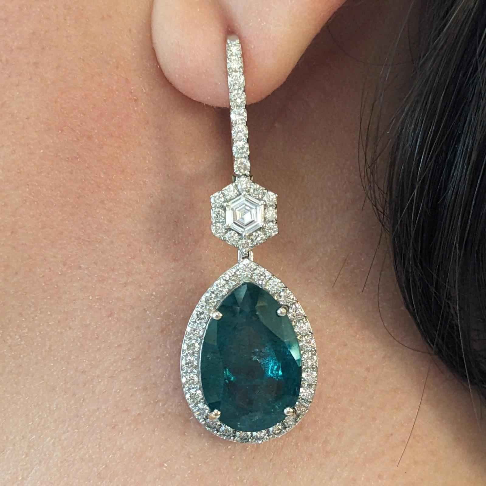 Large Pear Emerald Drop Earrings with Diamonds in 18k White Gold
