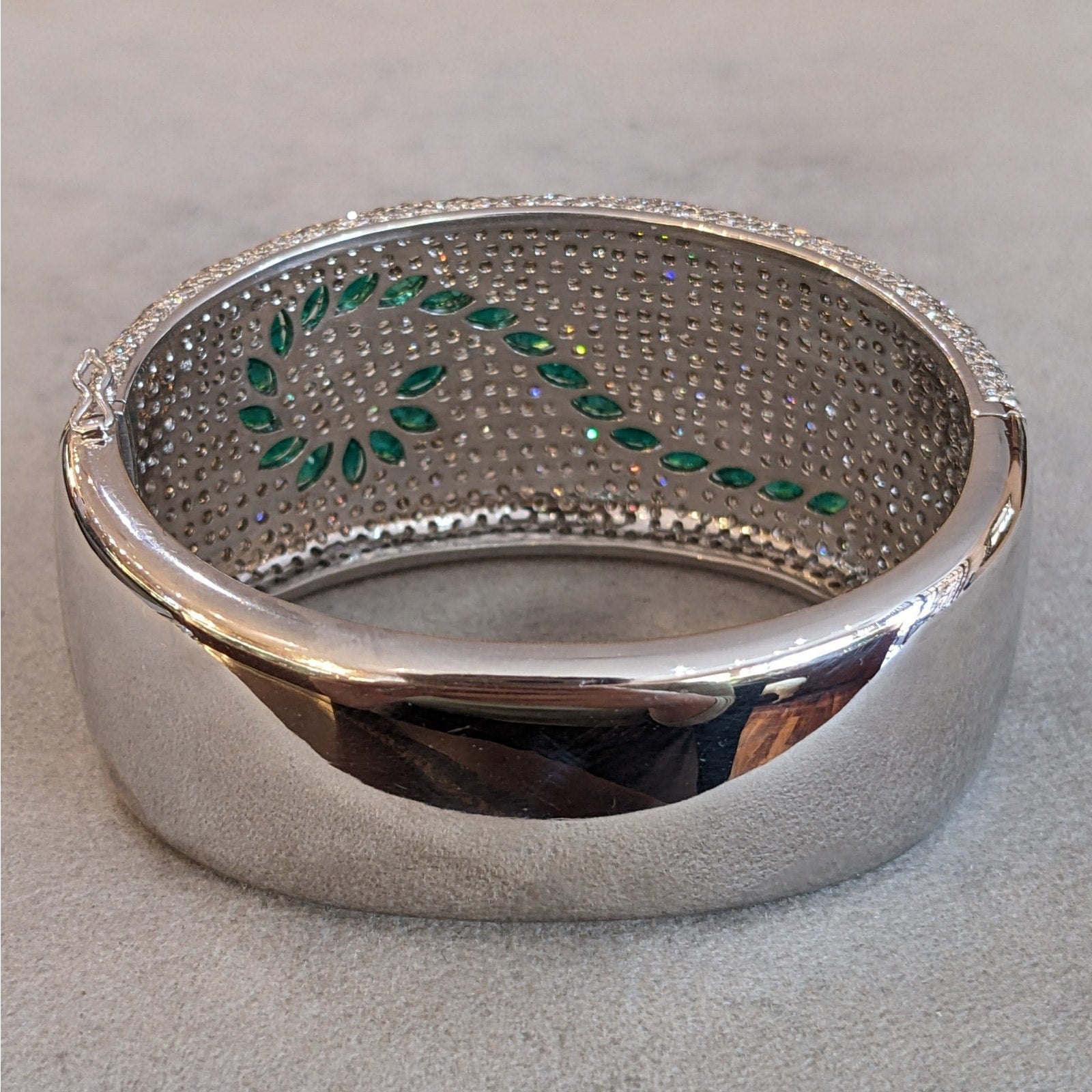 Wide Pave Diamond and Marquise Emerald Bangle Bracelet in 18k Gold