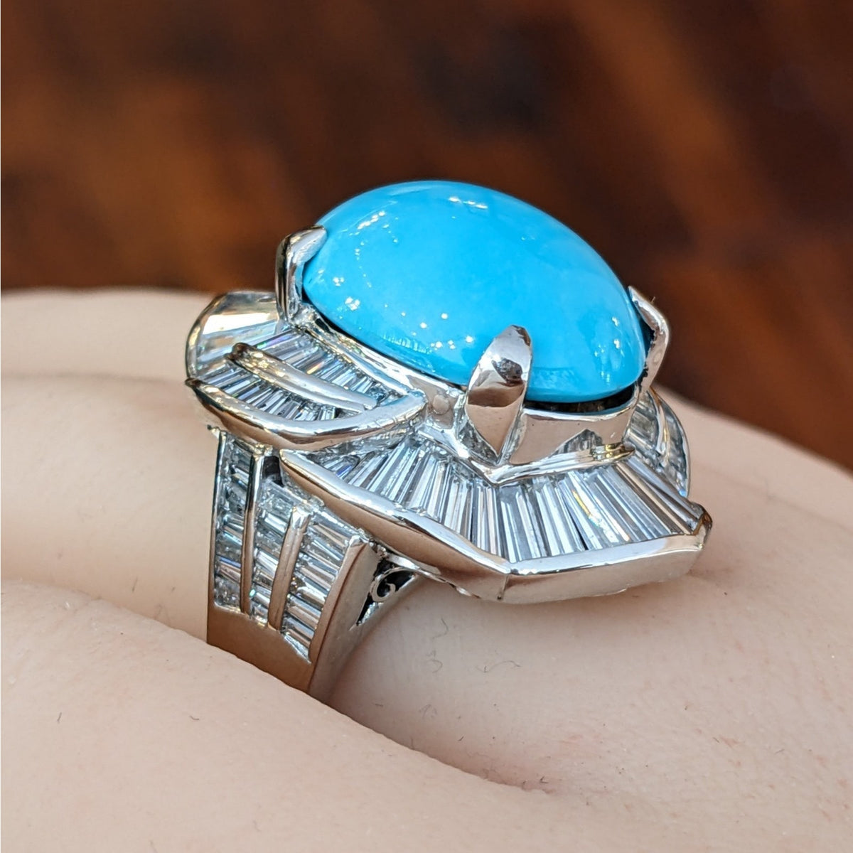 Large Turquoise and Baguette Diamond Cocktail Ring in Platinum