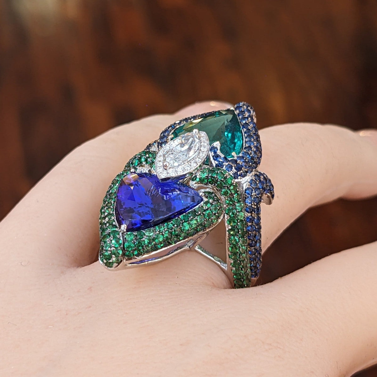 GIA Natural Emerald and Tanzanite and Diamond Ring in 18k White Gold