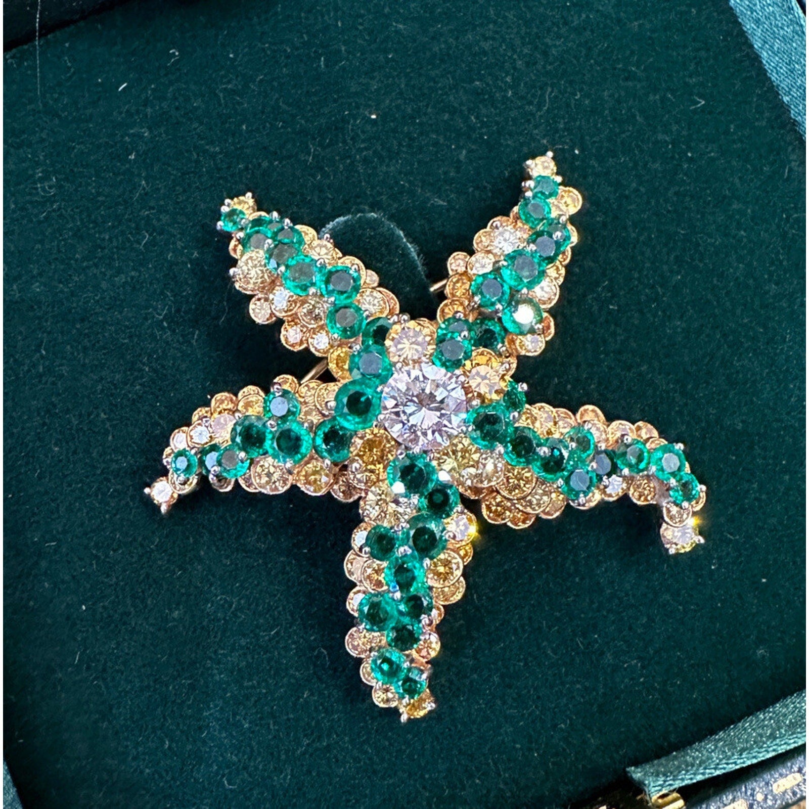 Starfish Pin w/Diamond, Emeralds and Yellow Diamonds in 18k Yellow Gold