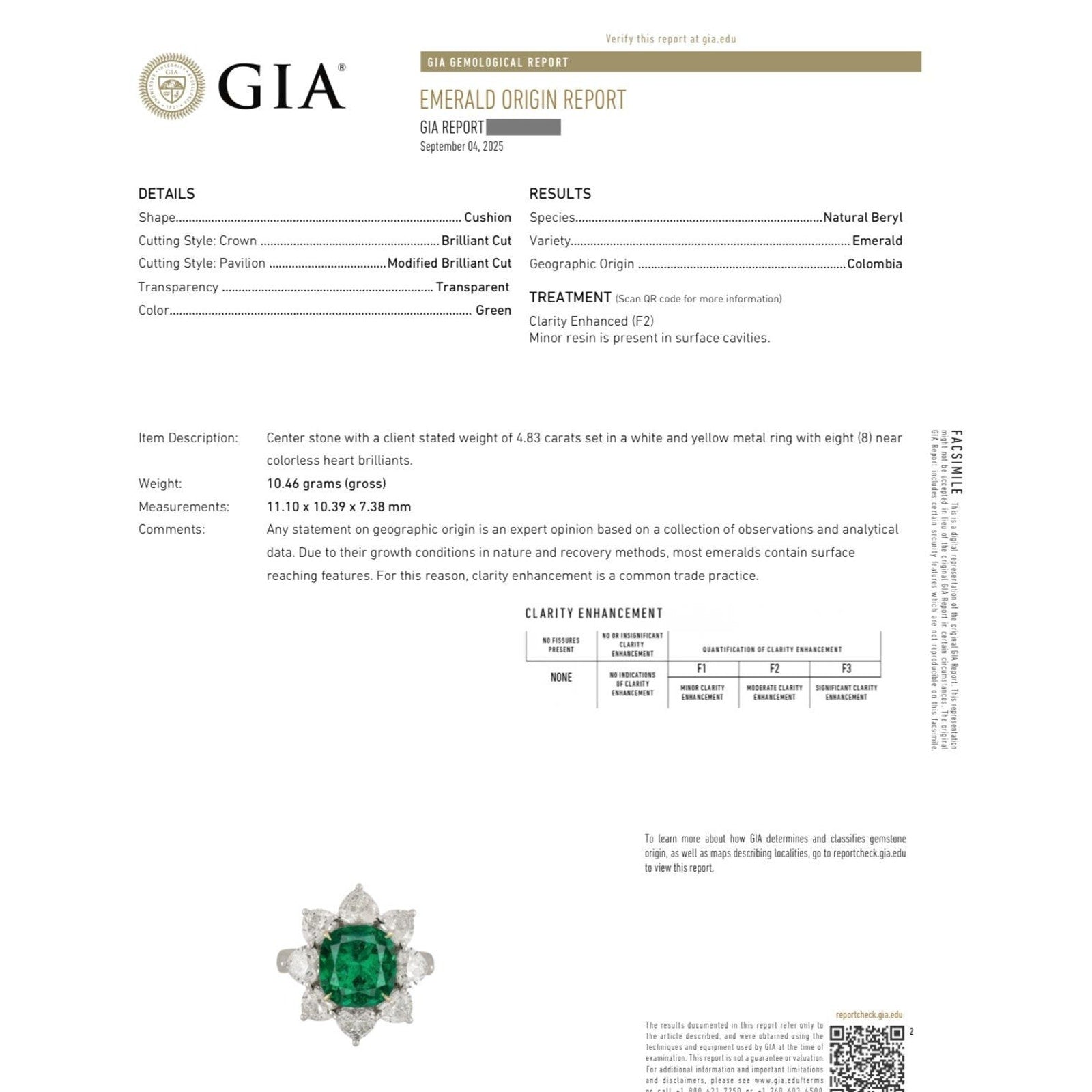 GIA Natural Emerald 4.83 ct with Heart Diamonds Ring in 18k White Gold
