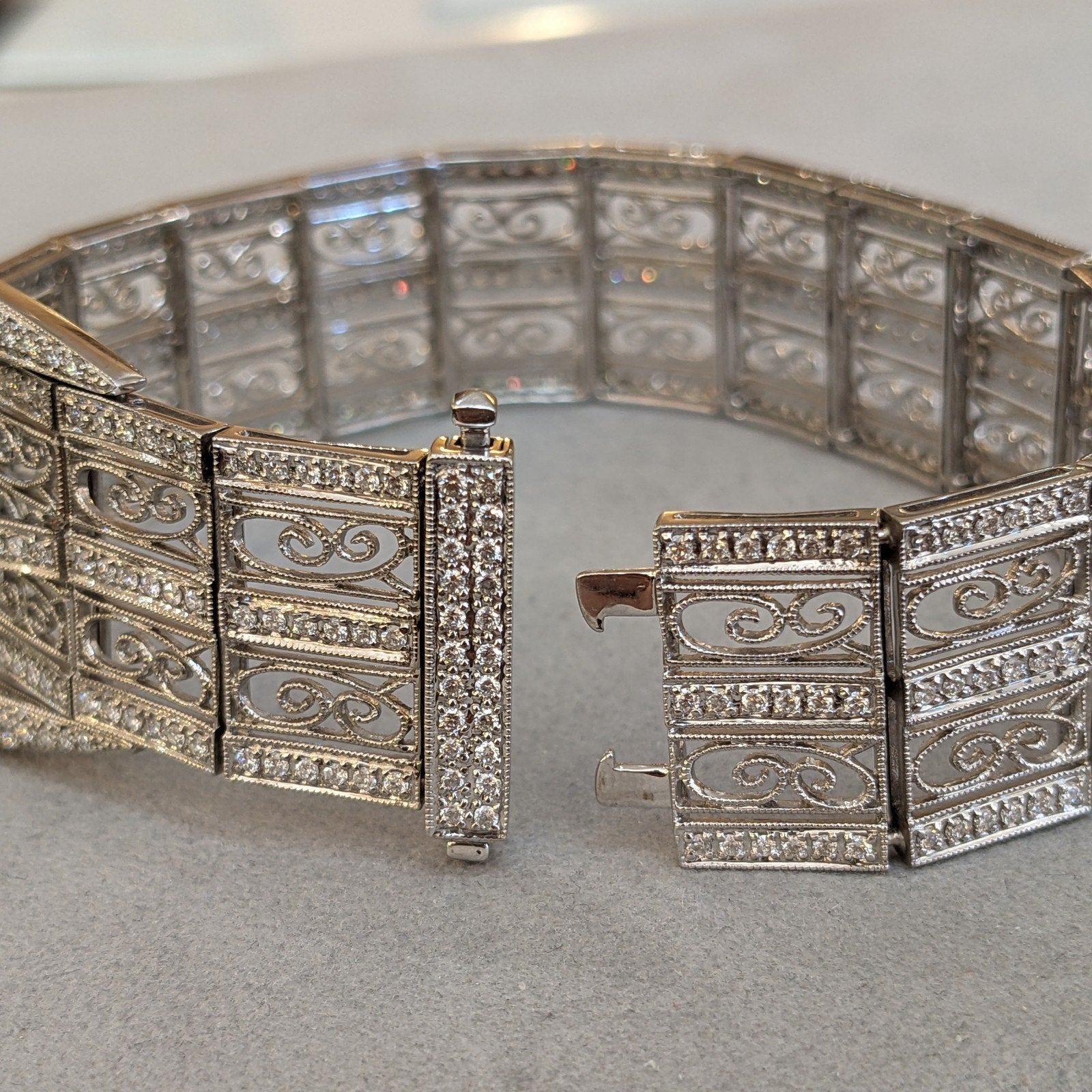 Wide Vintage Diamond Buckle Bracelet in 18k White Gold