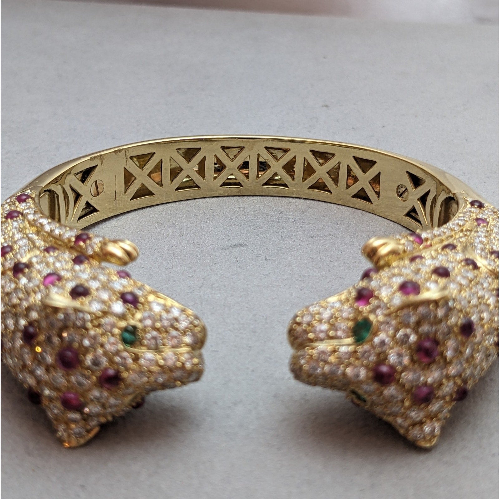 Ruby and Diamond Pave Panther Head Bangle Bracelet in 18k Yellow Gold