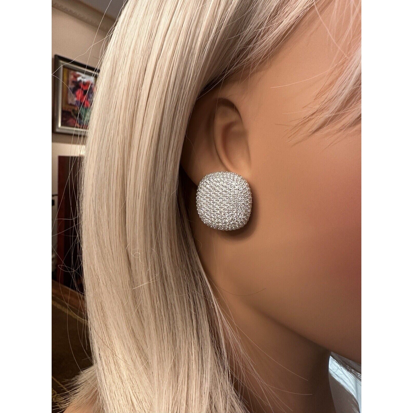 Large Pave Diamond Cushion Button Earrings 6.93cttw in 18k White Gold