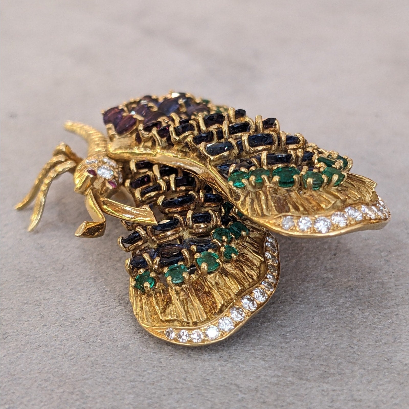 Large Sapphire, Emerald, and Diamond Butterfly Pin in 18k Yellow Gold
