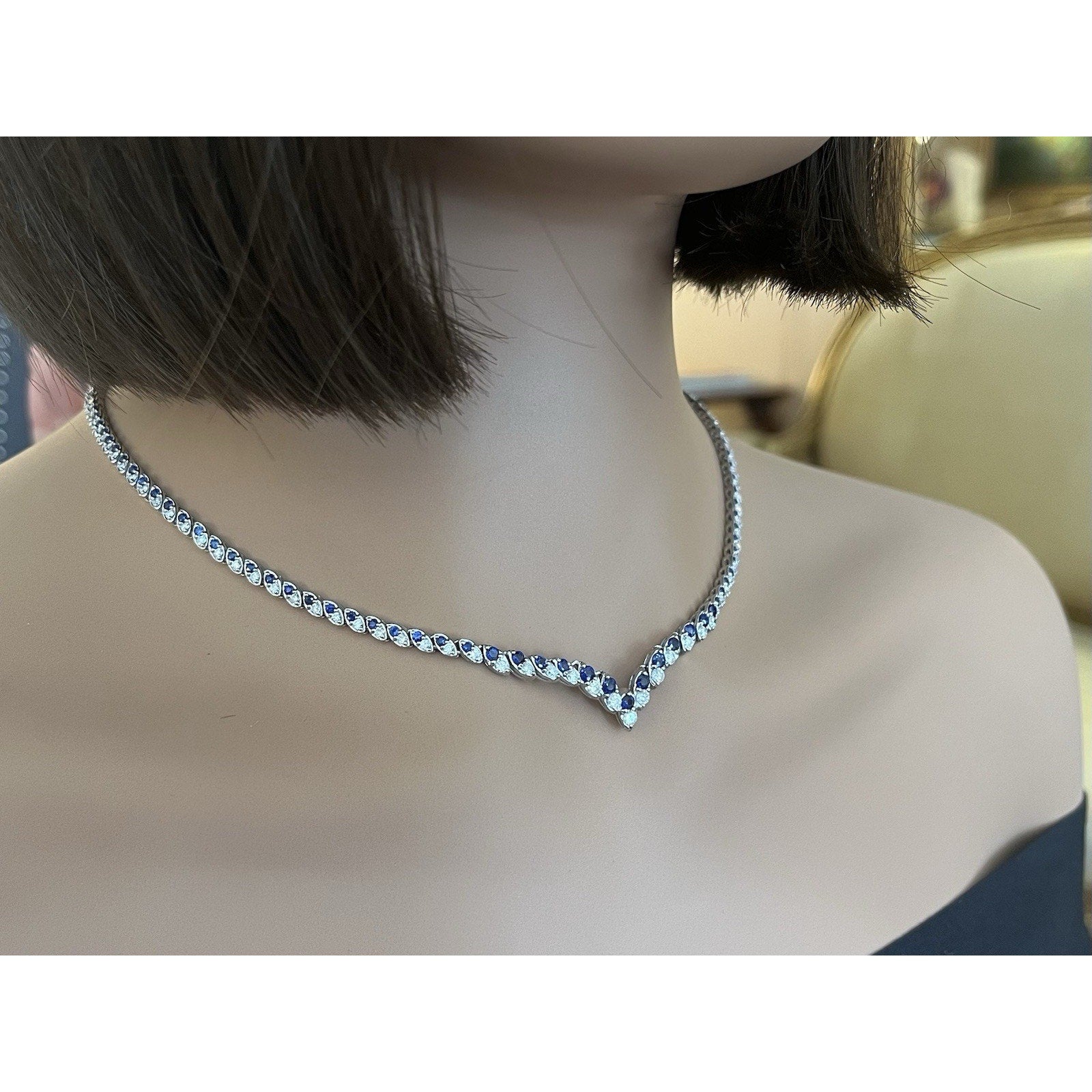 Natural Blue Sapphire and Diamond V Choker Necklace in Platinum