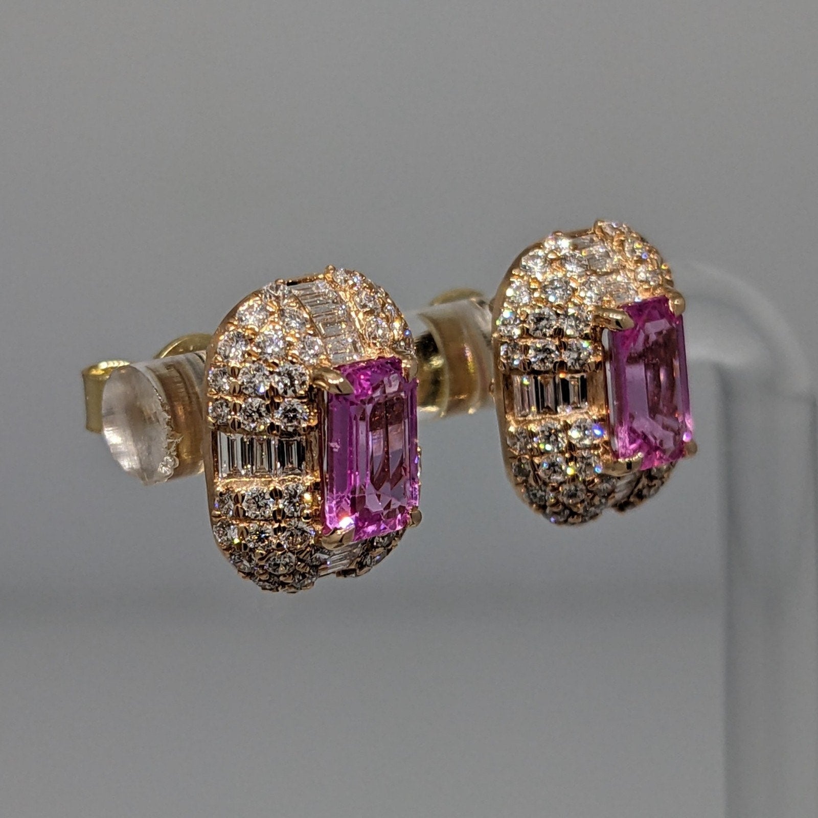 Natural Pink Sapphire & Diamond Earrings in 14k Rose & Yellow Gold