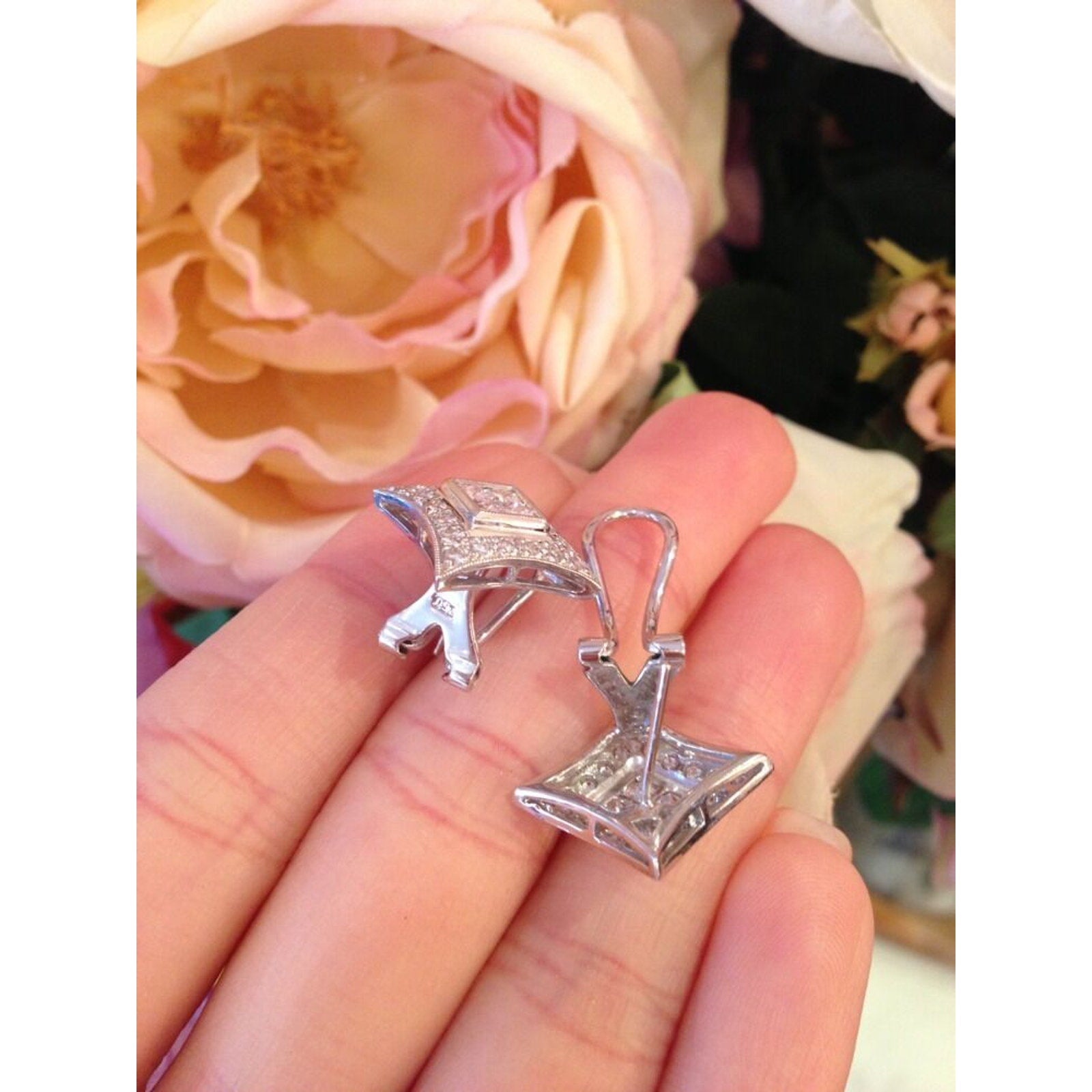 Pave and Invisible Set Diamond Earrings in 18k White Gold