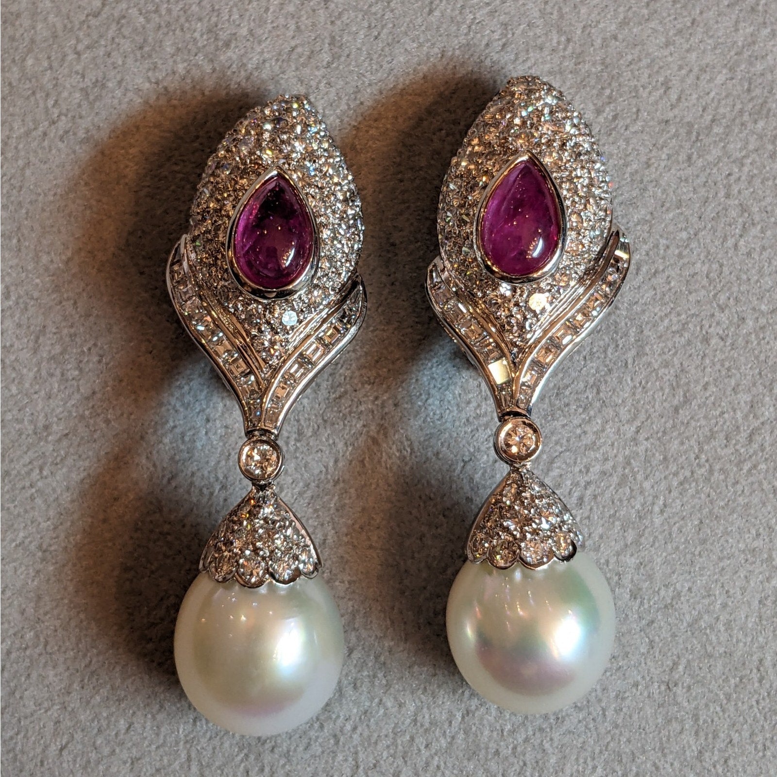 Natural Ruby, Diamond and Pearl Drop Earrings in Platinum