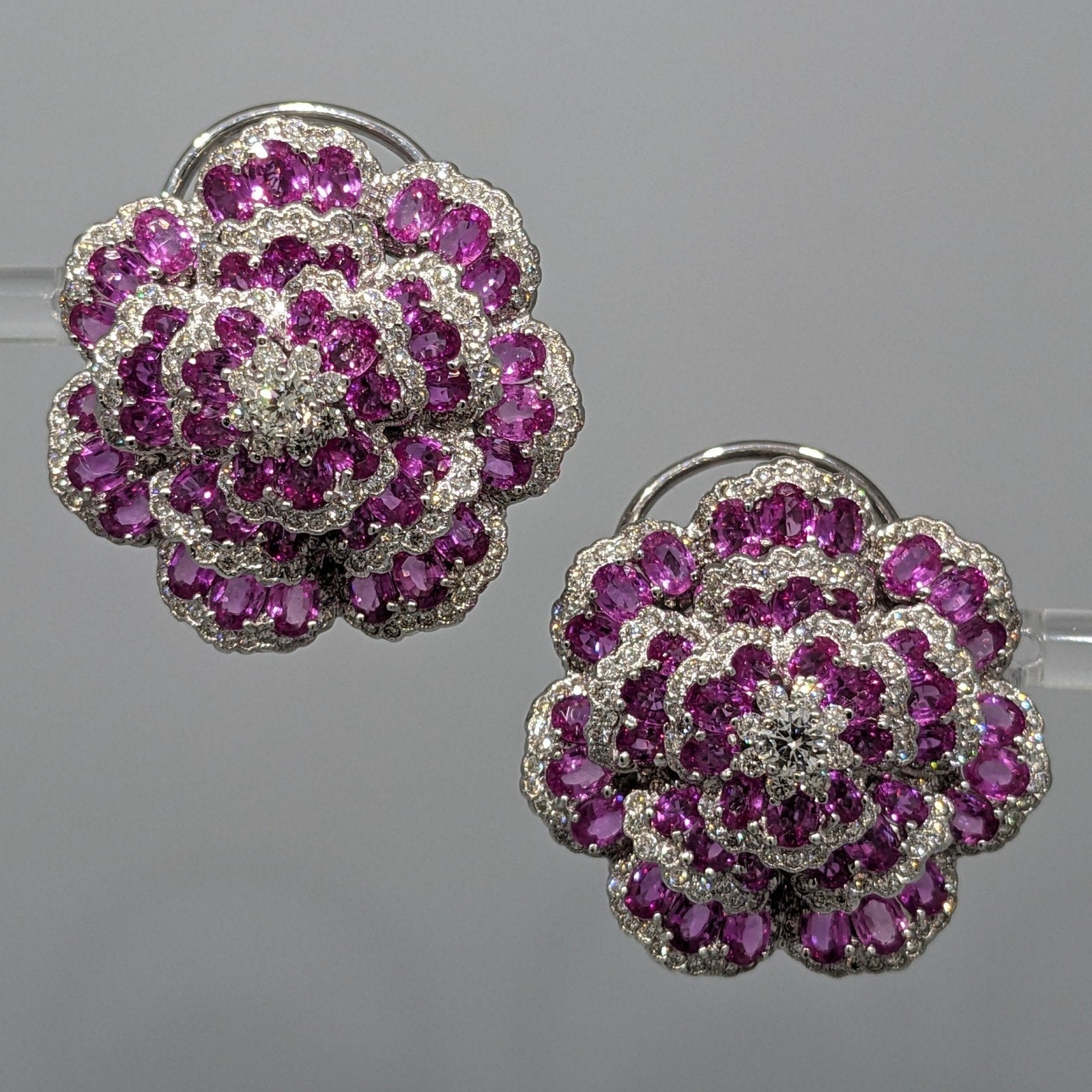 Pink Sapphire and Diamond Tiered Flower Earrings in 18k White Gold