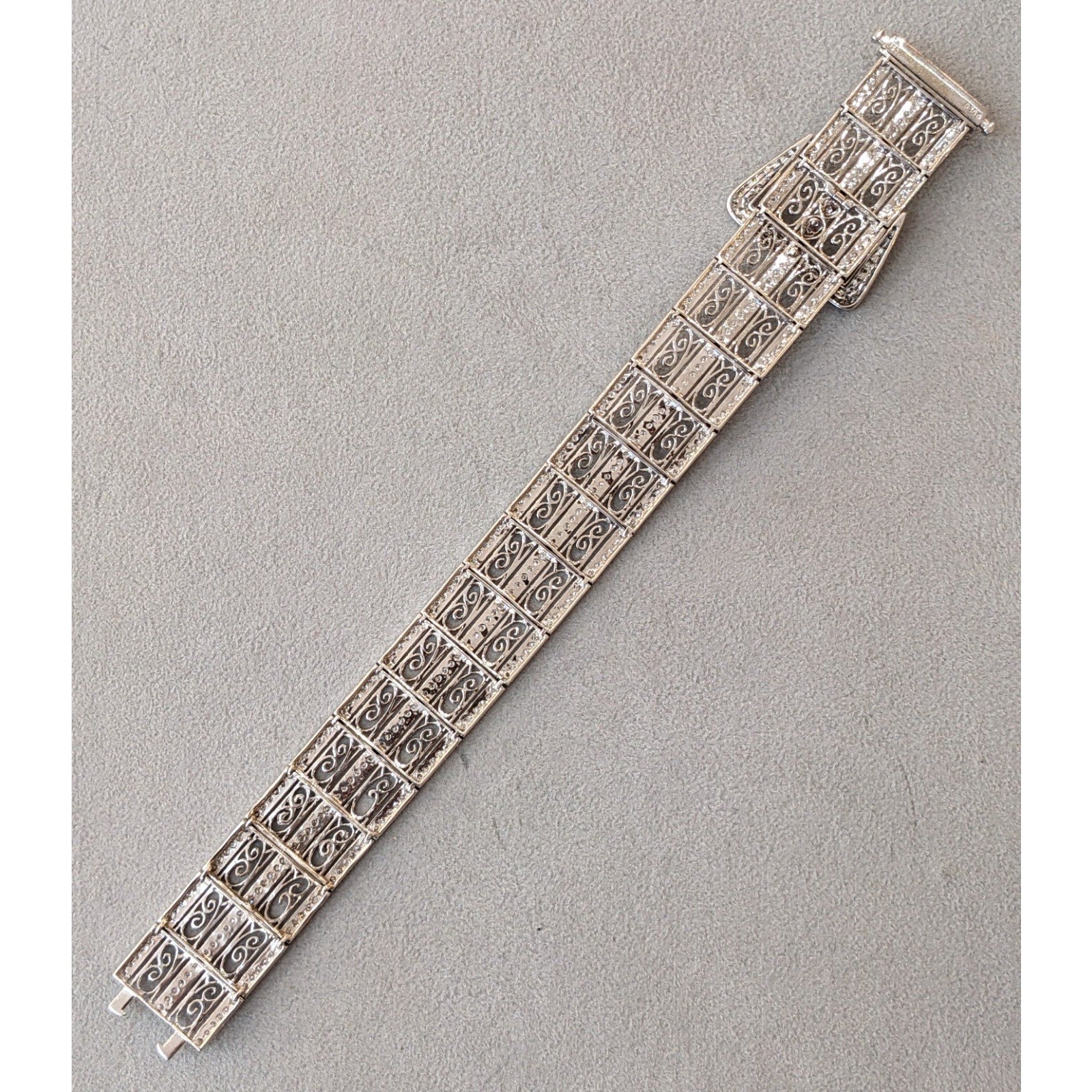 Wide Vintage Diamond Buckle Bracelet in 18k White Gold
