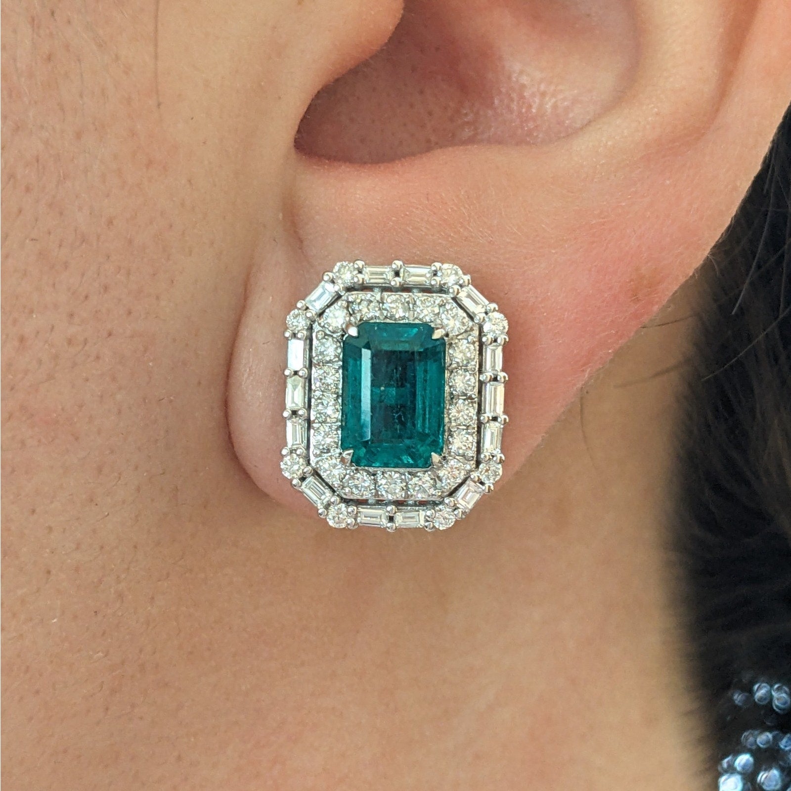 GIA 4.42 ct Emerald Double Halo Diamond Earrings in 18k White Gold