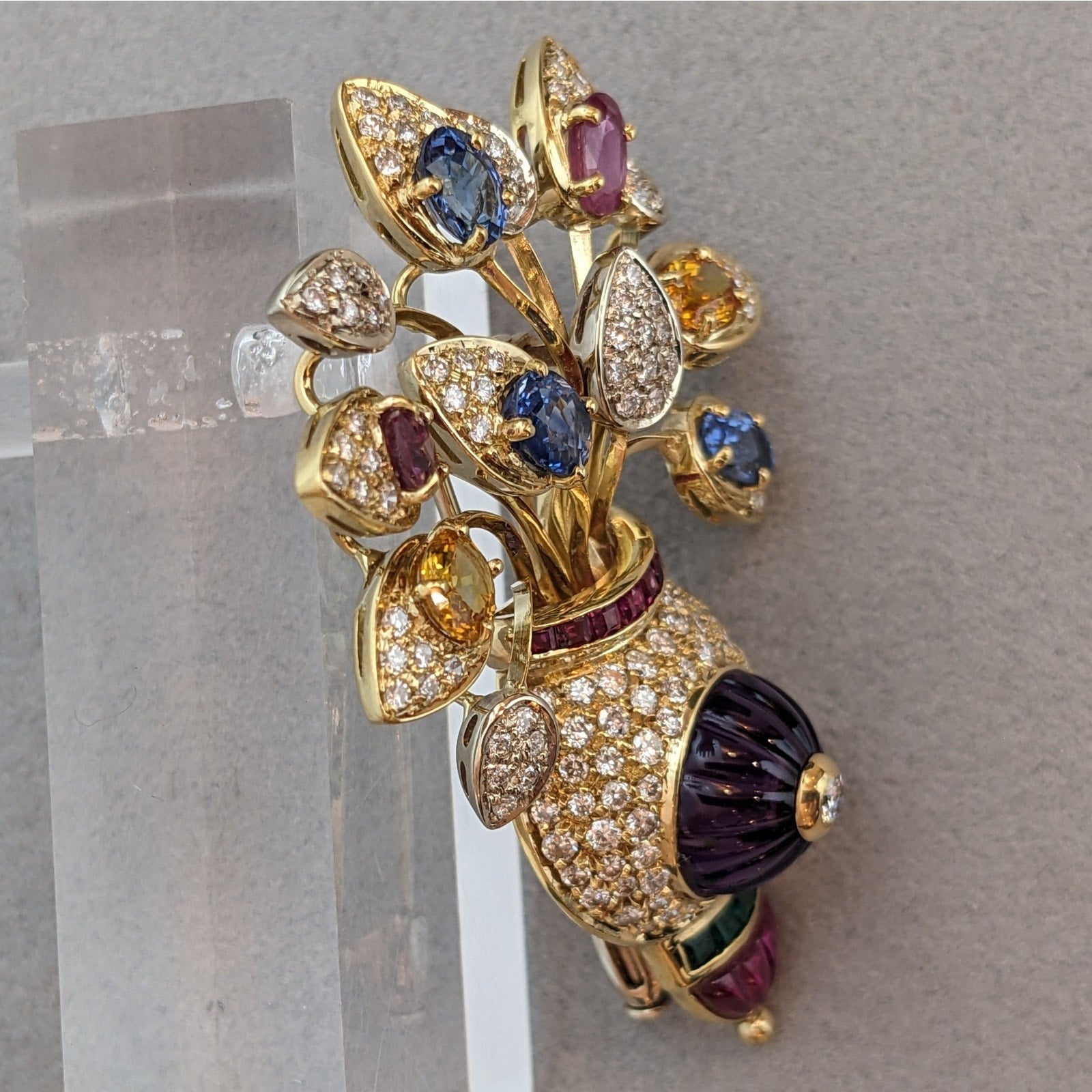 Multi-Gem Flower Pin with Diamonds and Amethyst in 18k Yellow Gold