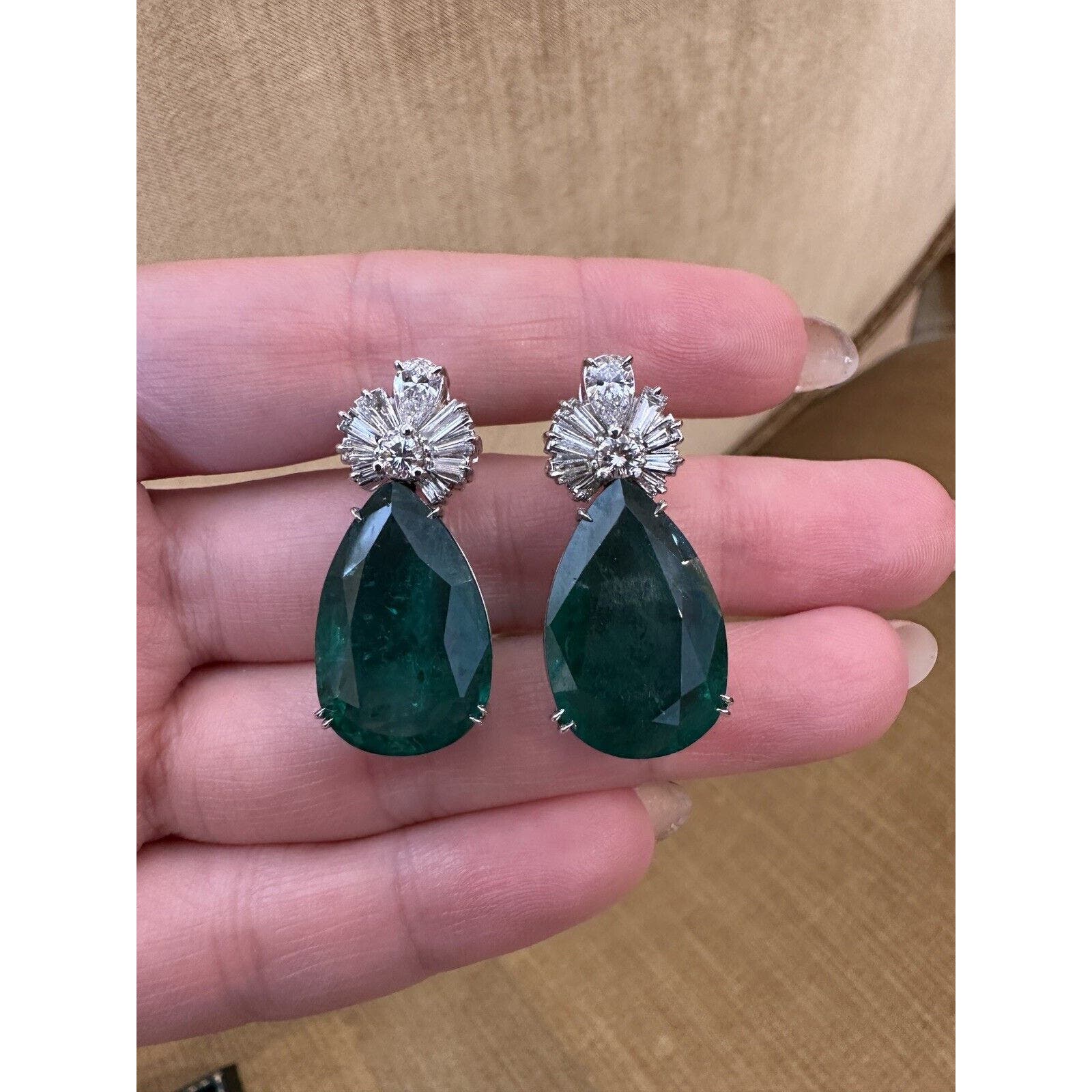 GIA Pear Emeralds 31.17 cttw and Diamond Earrings in 18k White Gold - HM2483B