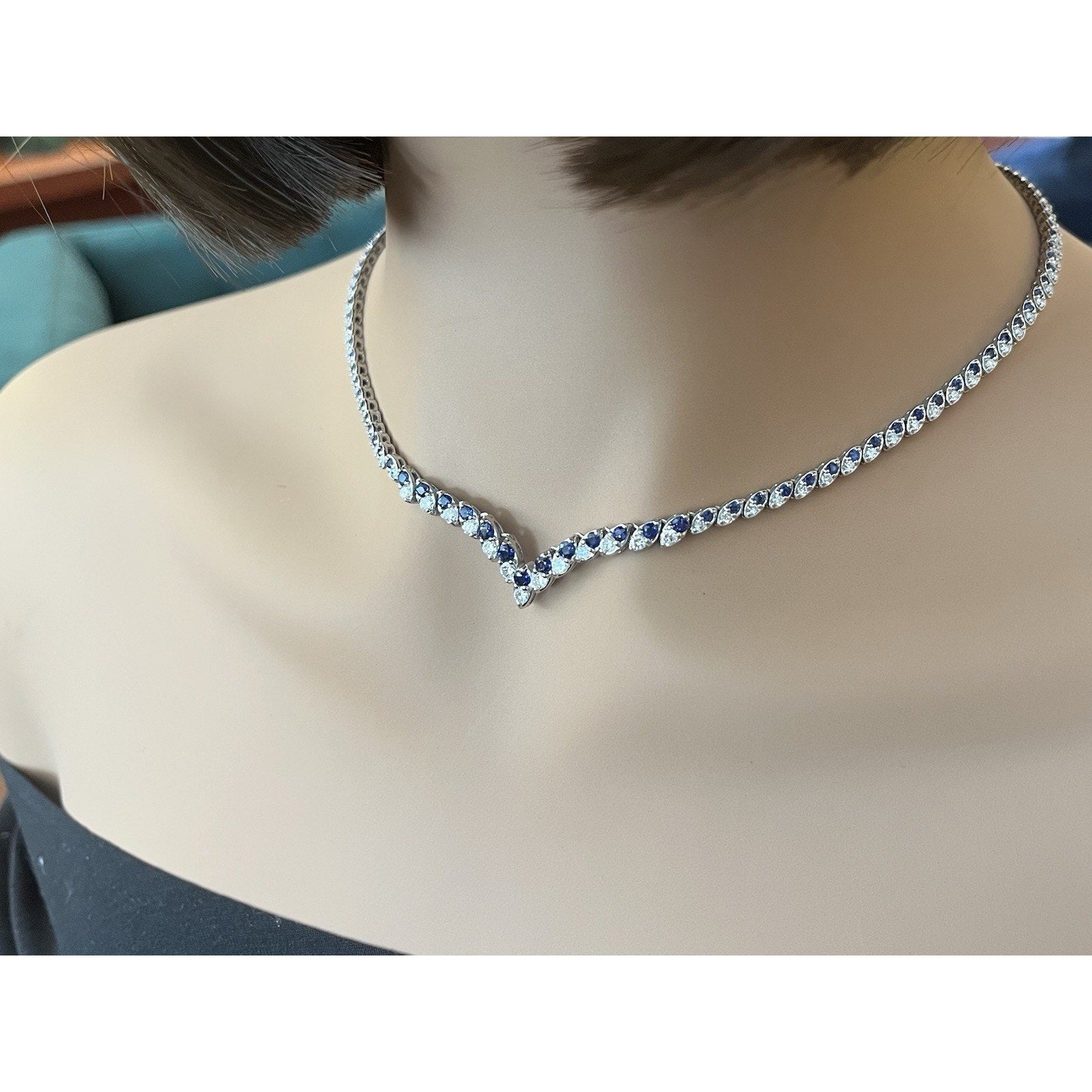 Natural Blue Sapphire and Diamond V Choker Necklace in Platinum