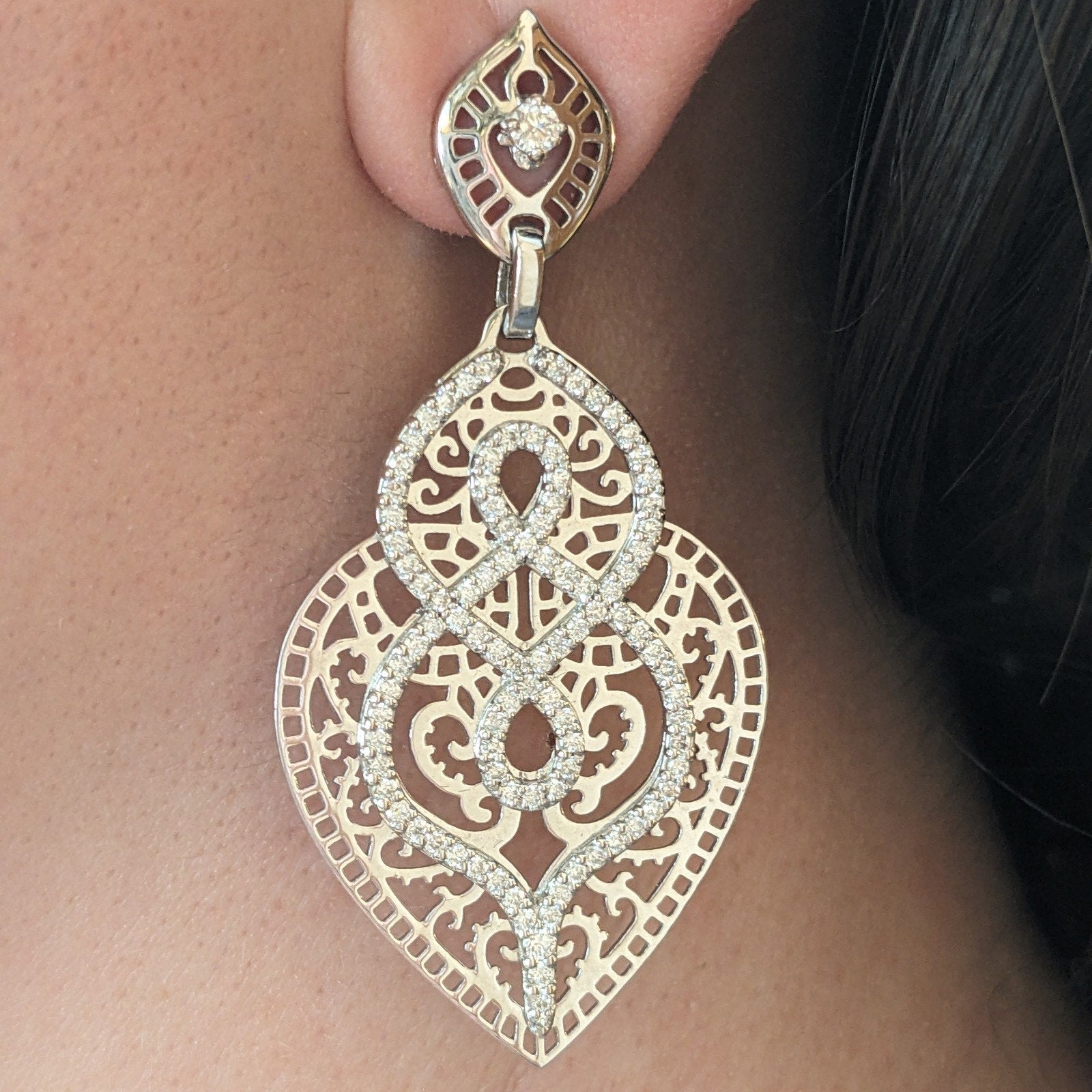 Crivelli Diamond Lace Cut-out Drop Earrings in 18k White Gold