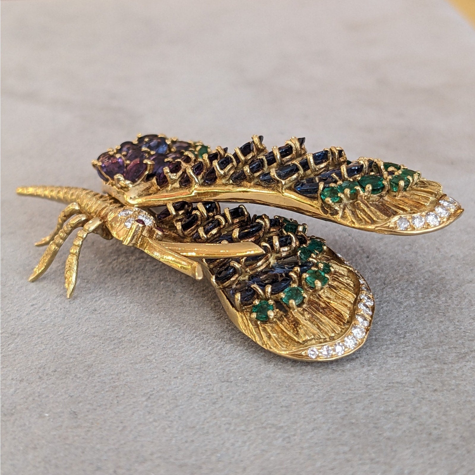 Large Sapphire, Emerald, and Diamond Butterfly Pin in 18k Yellow Gold
