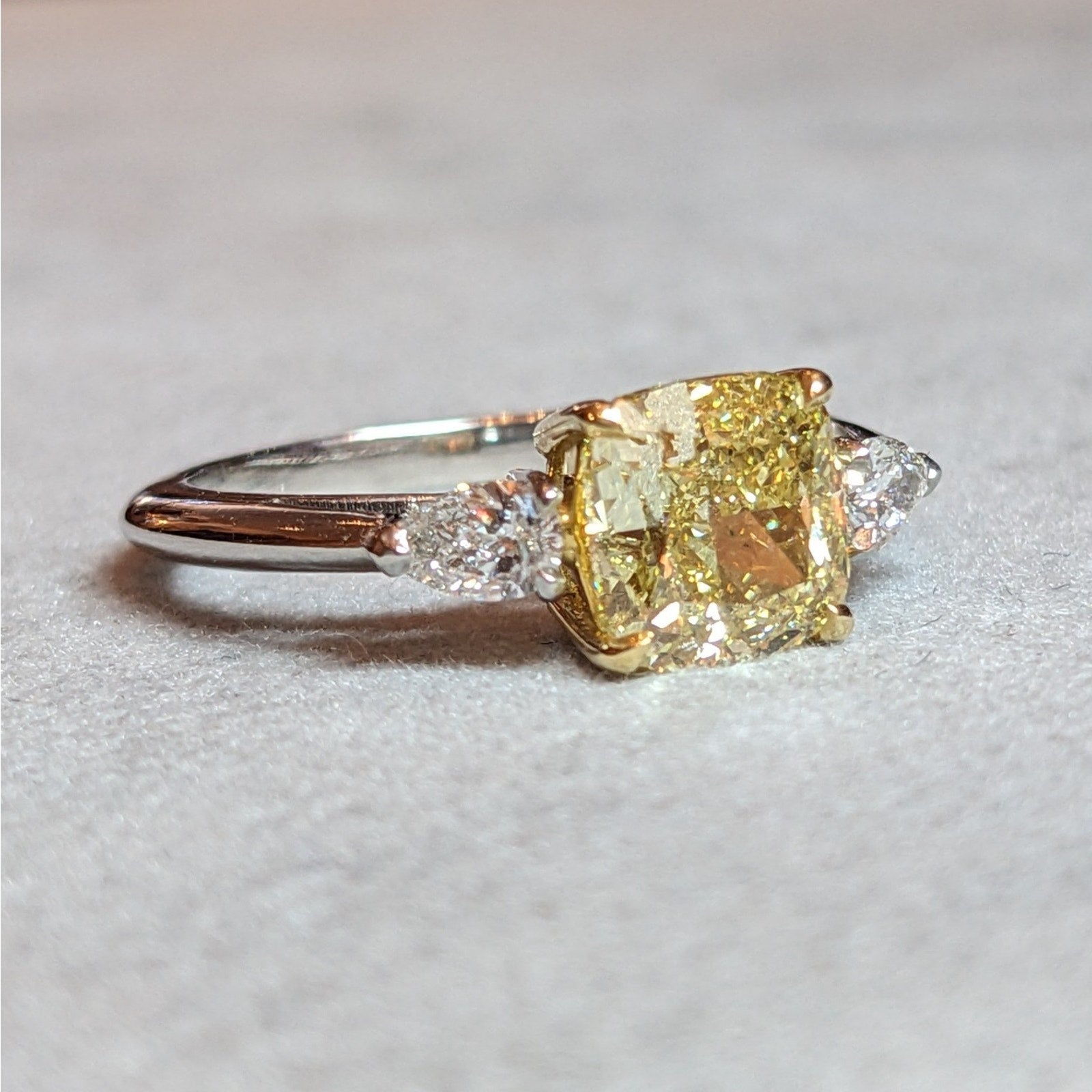 GIA Fancy Intense Yellow Diamond 2.01ct Three-stone ring in Platinum & 18k Yellow Gold