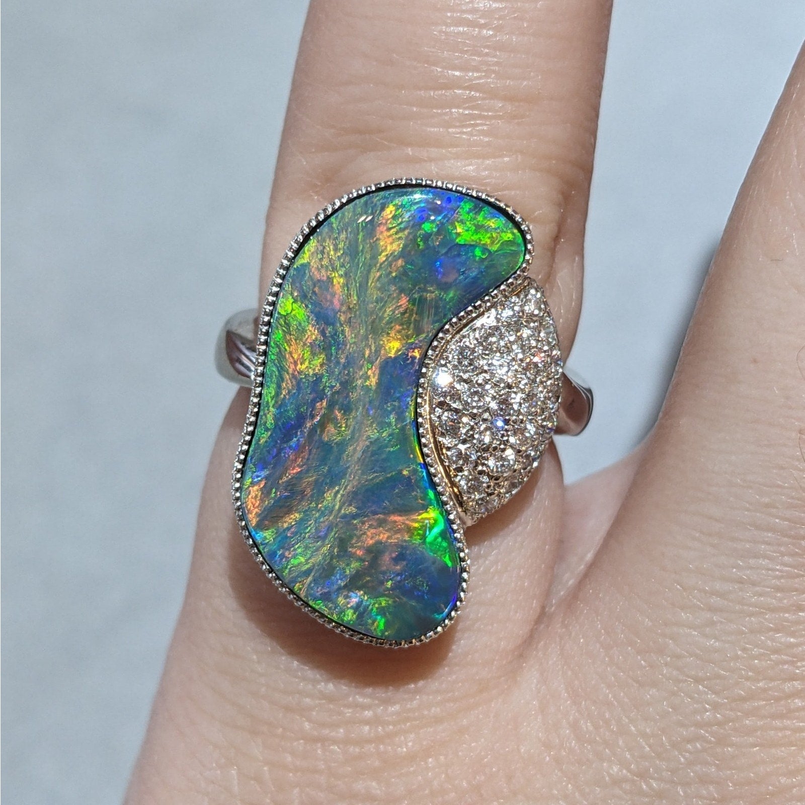 GIA Natural Black Opal 5.40 ct and Diamond Ring in Platinum