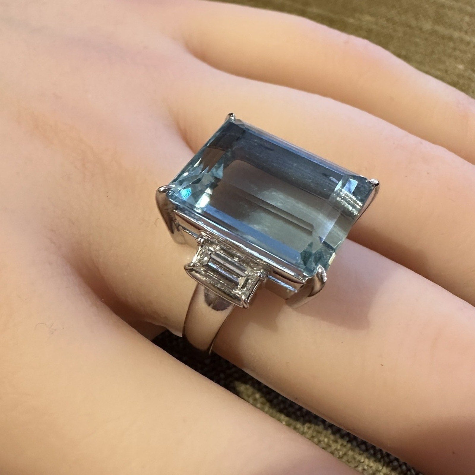 Natural 14.12 ct Aquamarine & Diamond Three Stone Ring in Platinum