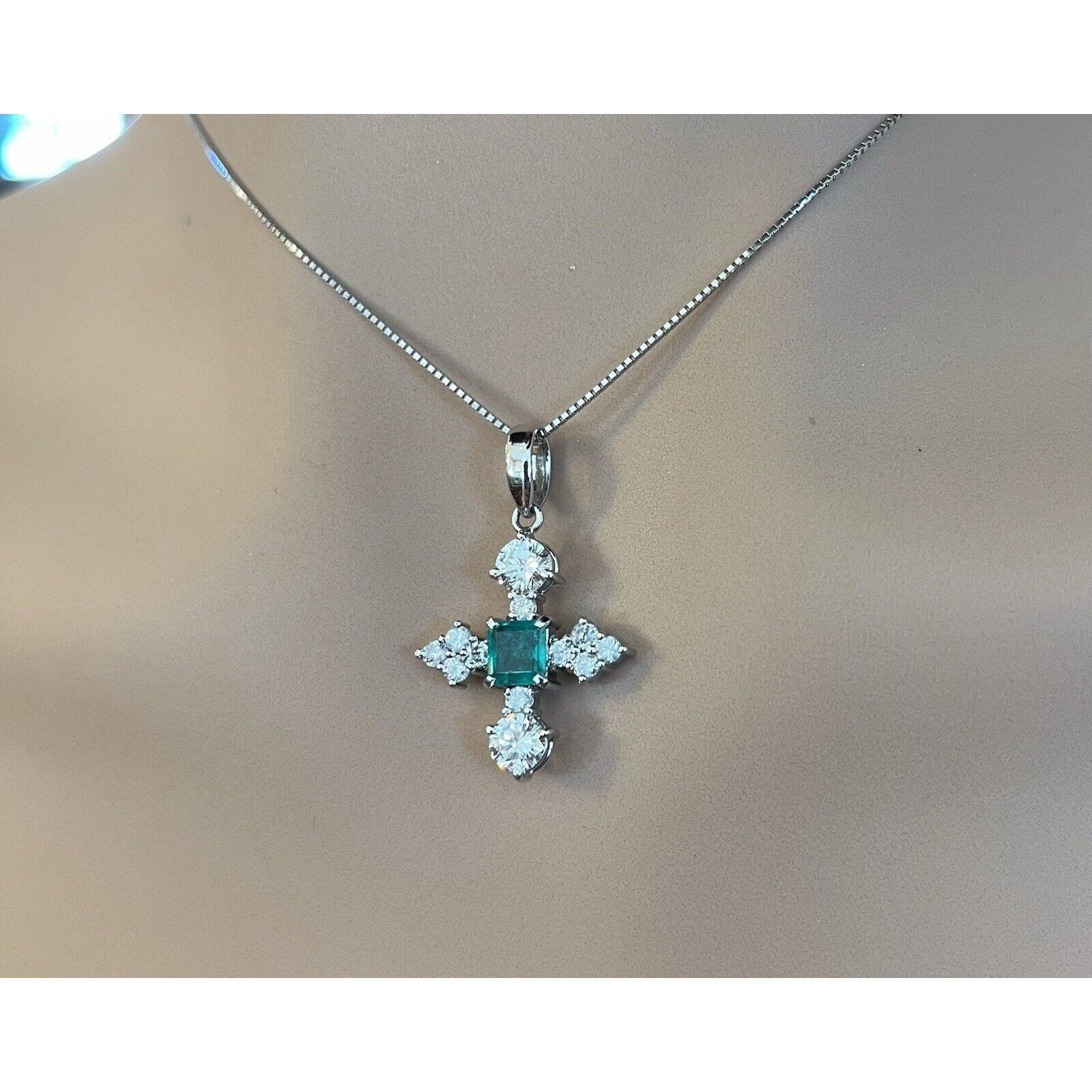 Natural Emerald and Diamond Cross Pendant Necklace in Platinum