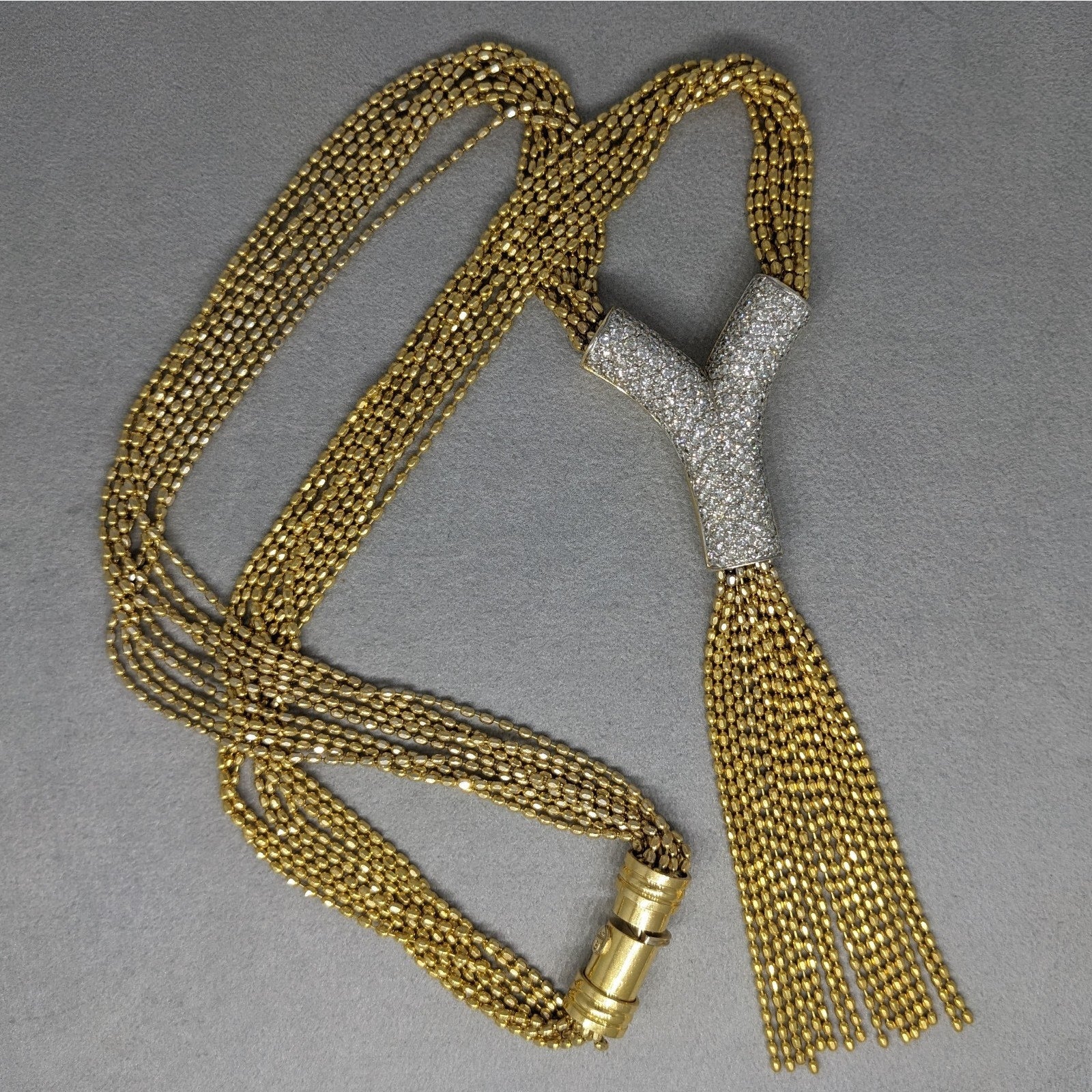 Multistrand Pave Diamond Y Drop Tassel Necklace in 18k Yellow Gold