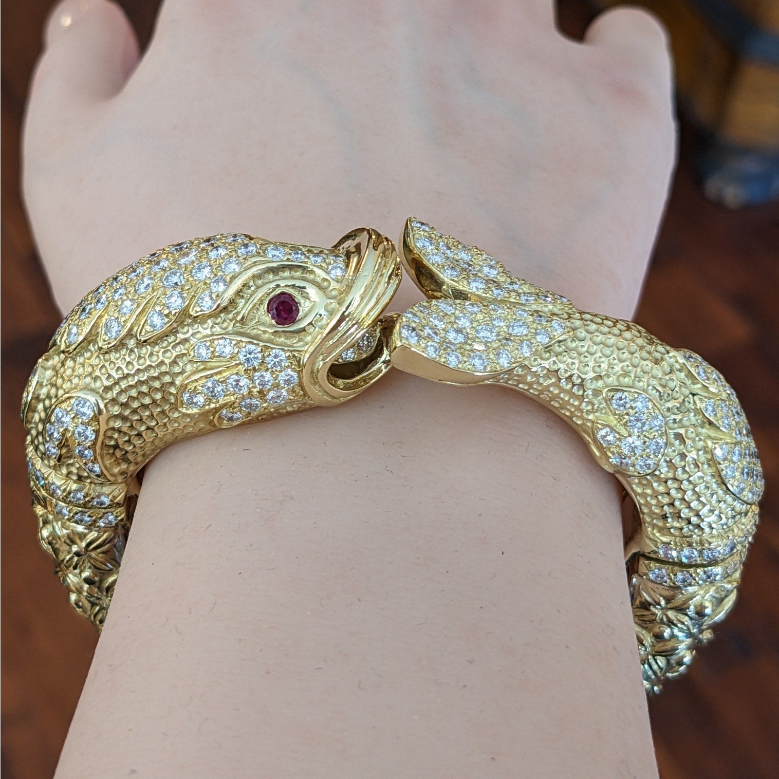 Heavy Diamond Hinged Fish Cuff Bracelet in Textured 18k Yellow Gold