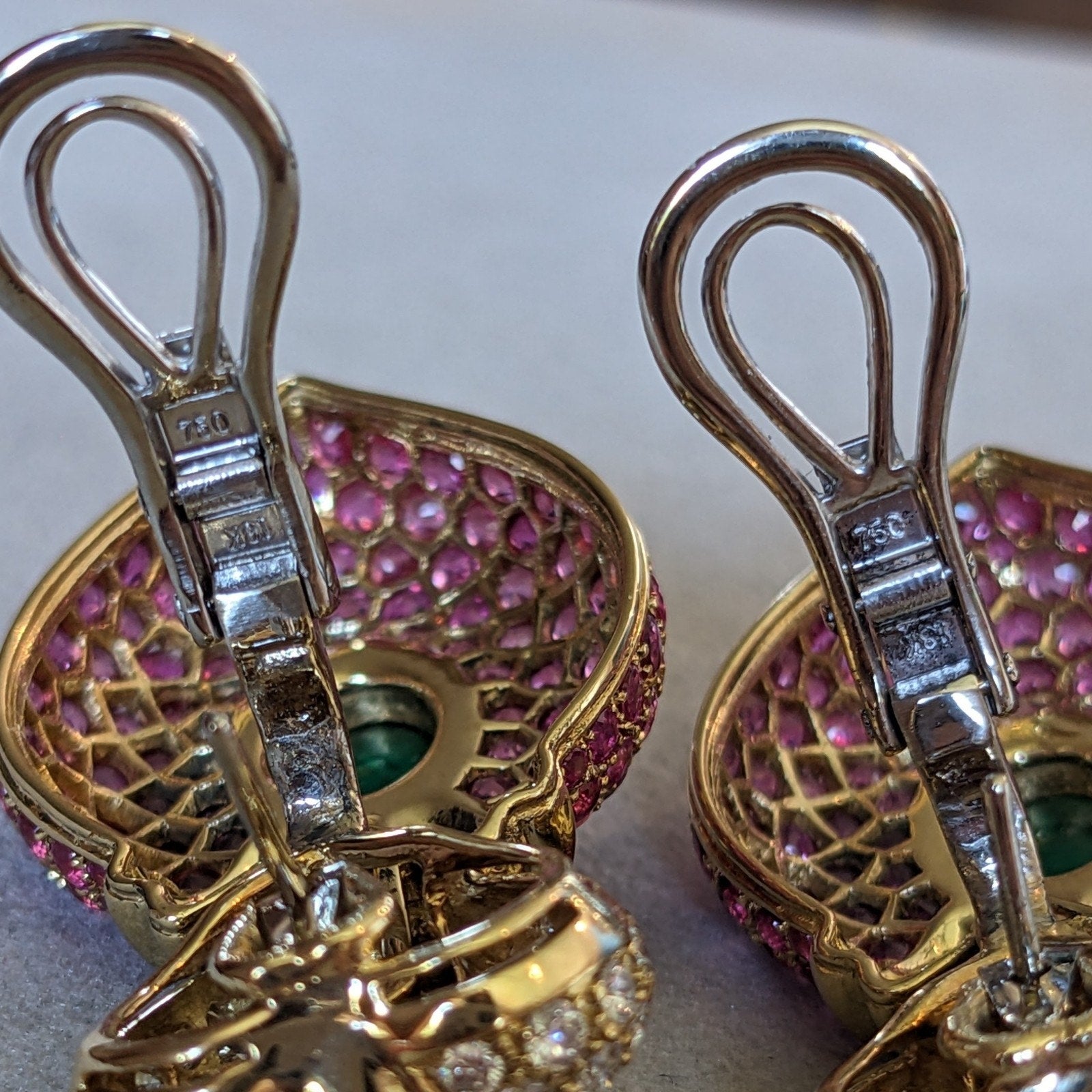 Pave Ruby and Diamond & Emerald Doorknocker Earrings in 18k Yellow Gold