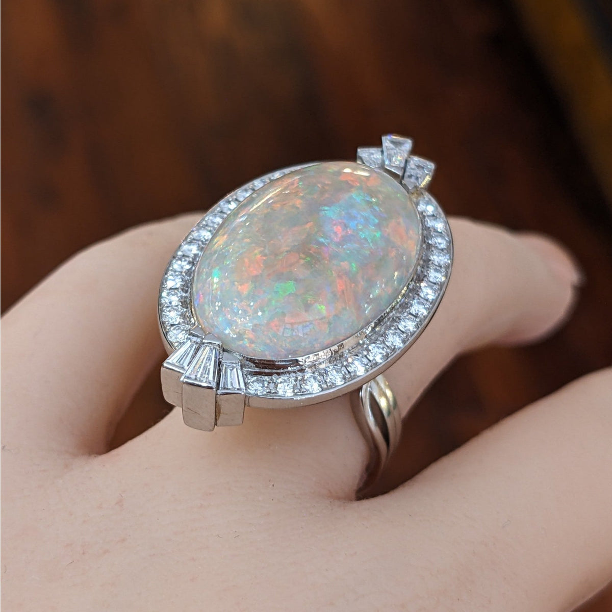 Natural Opal and Diamond Cocktail Estate Ring in Platinum