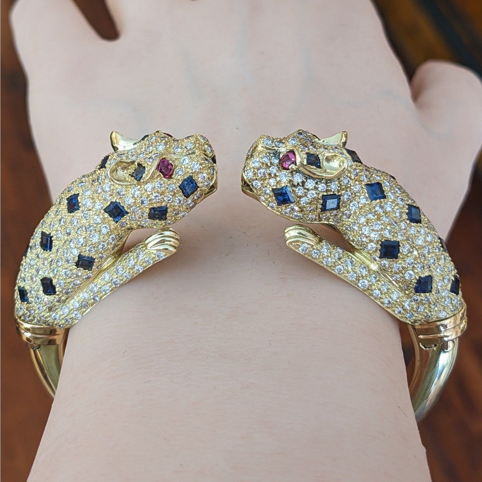 Panther Diamond and Sapphire Pave Bangle Bracelet in 18k Yellow Gold