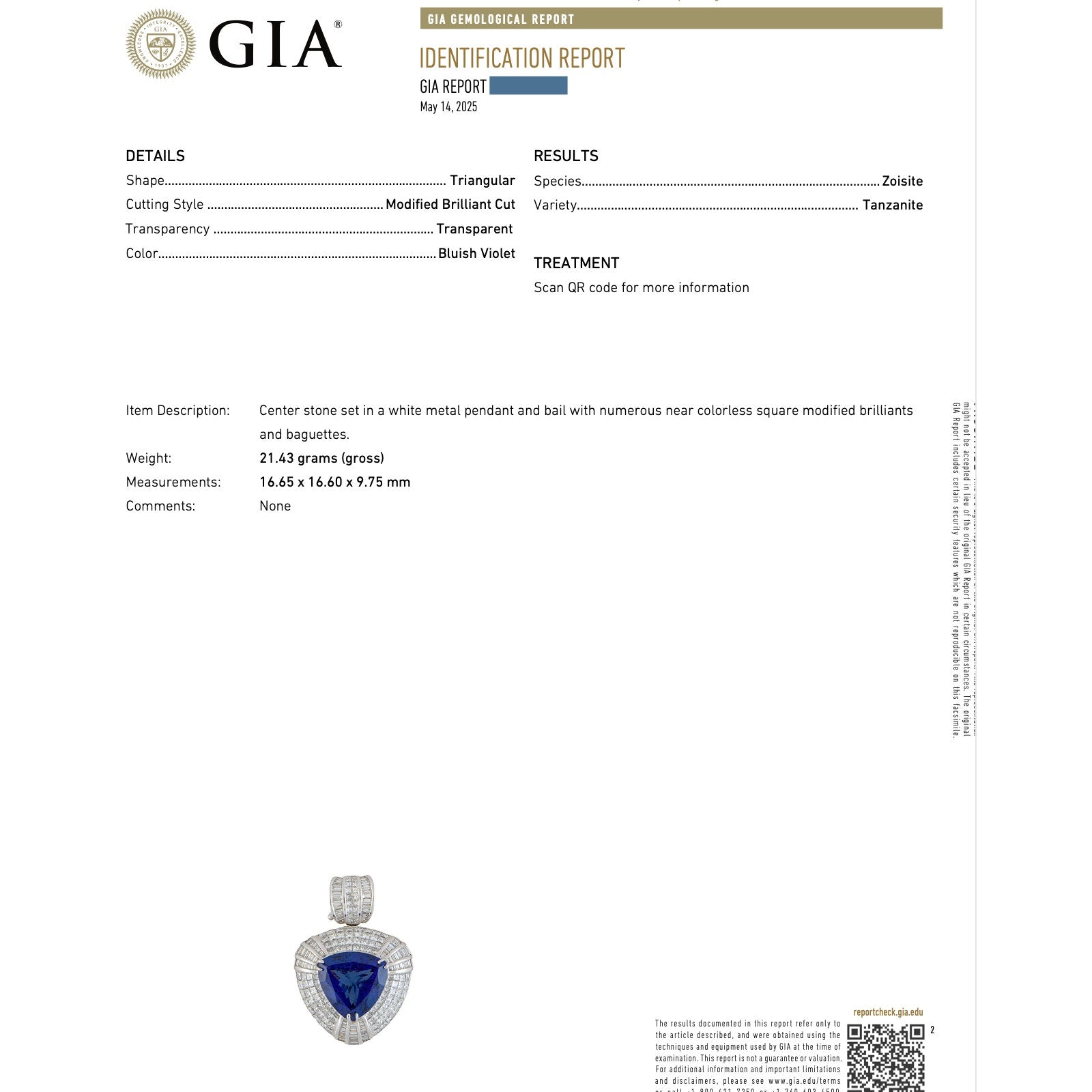 GIA Large Tanzanite and Diamond Pendant in 18k White Gold