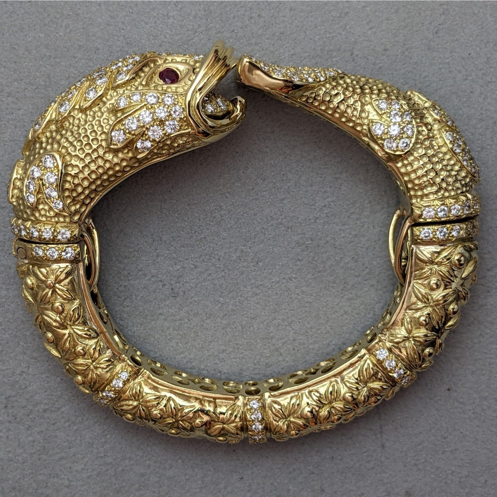 Heavy Diamond Hinged Fish Cuff Bracelet in Textured 18k Yellow Gold